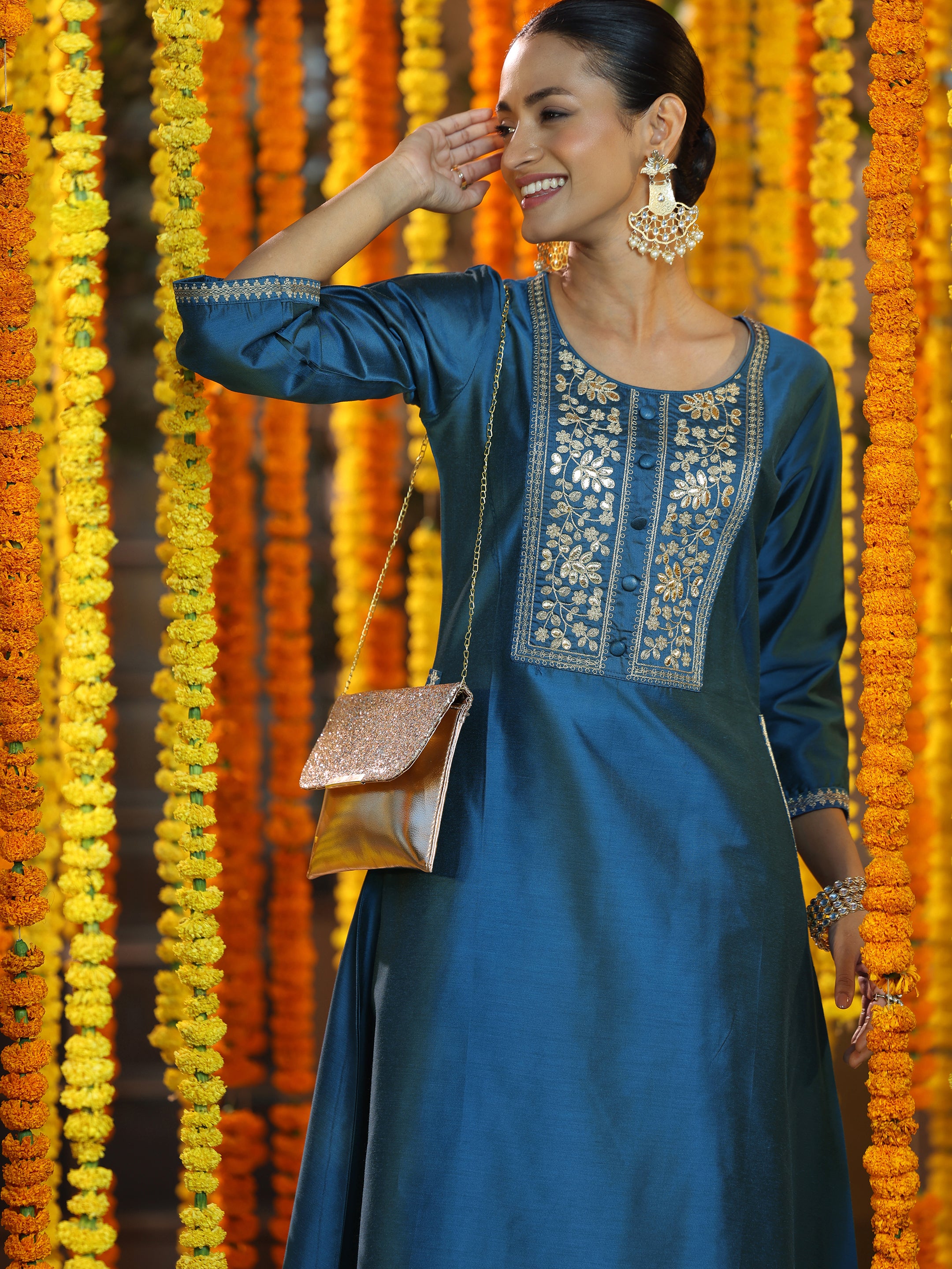 Blue Yoke Design Silk Blend A-Line Kurta With Trousers