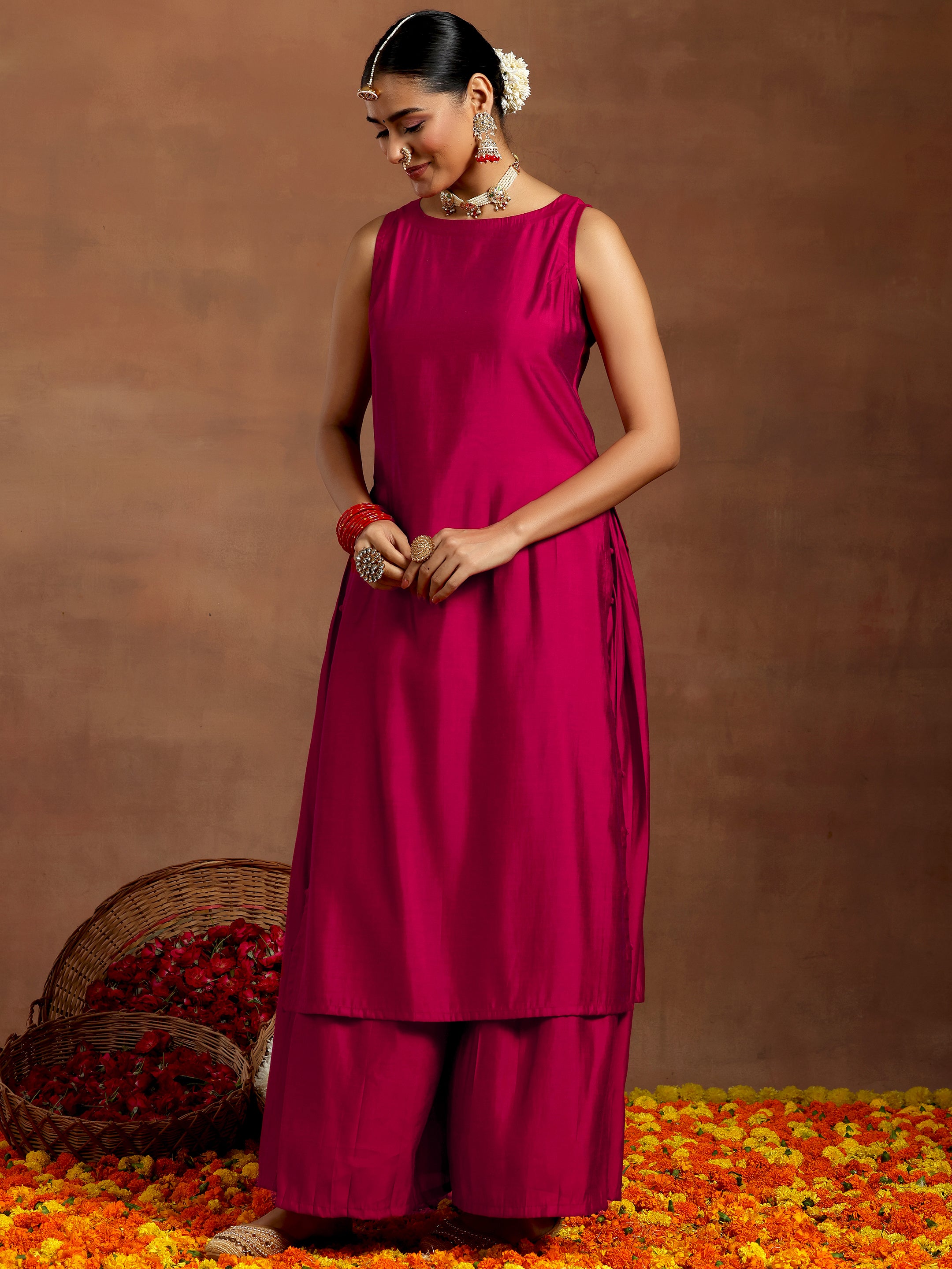 Pink Solid Silk Blend Straight Suit With Dupatta