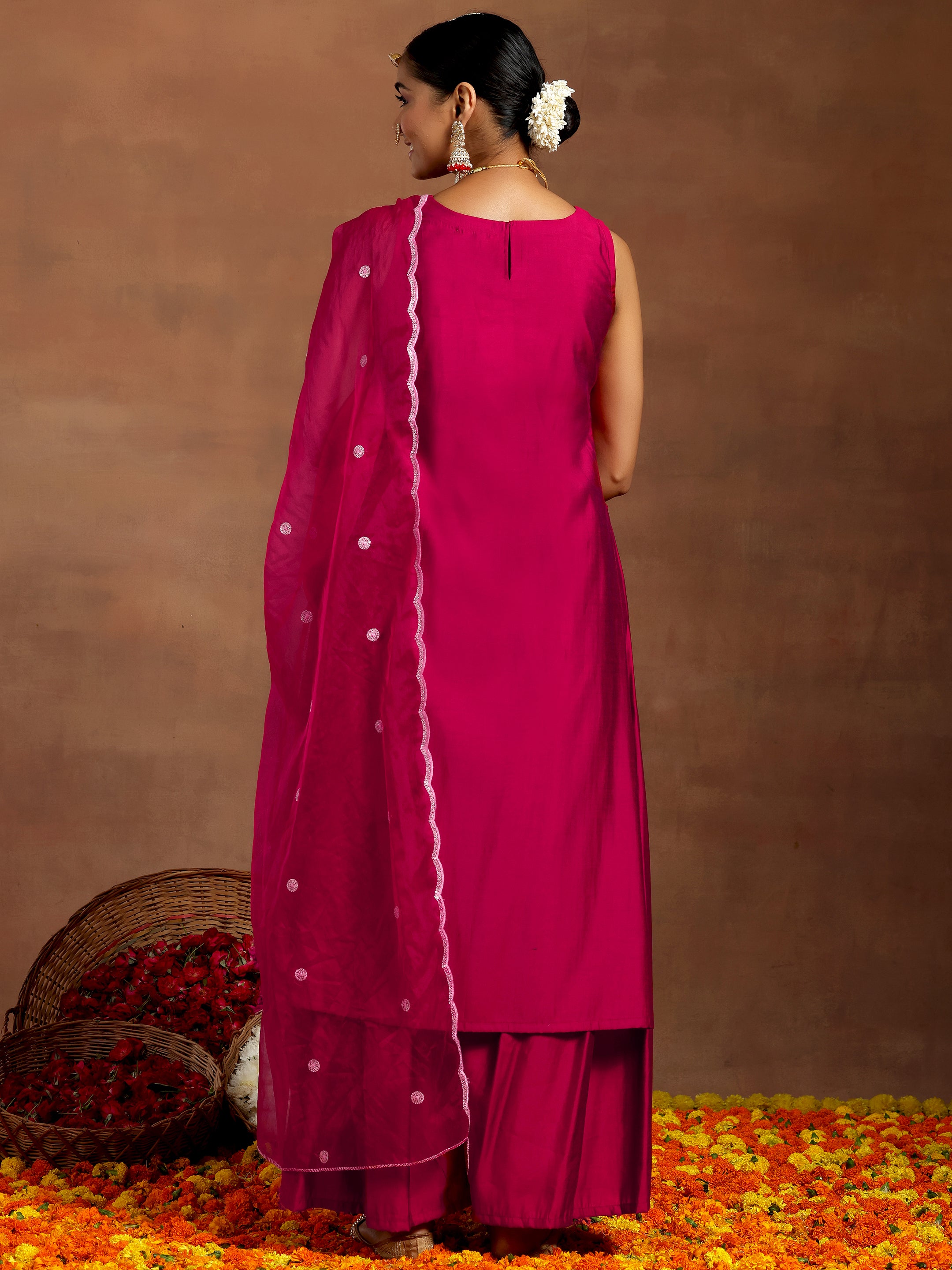 Pink Solid Silk Blend Straight Suit With Dupatta