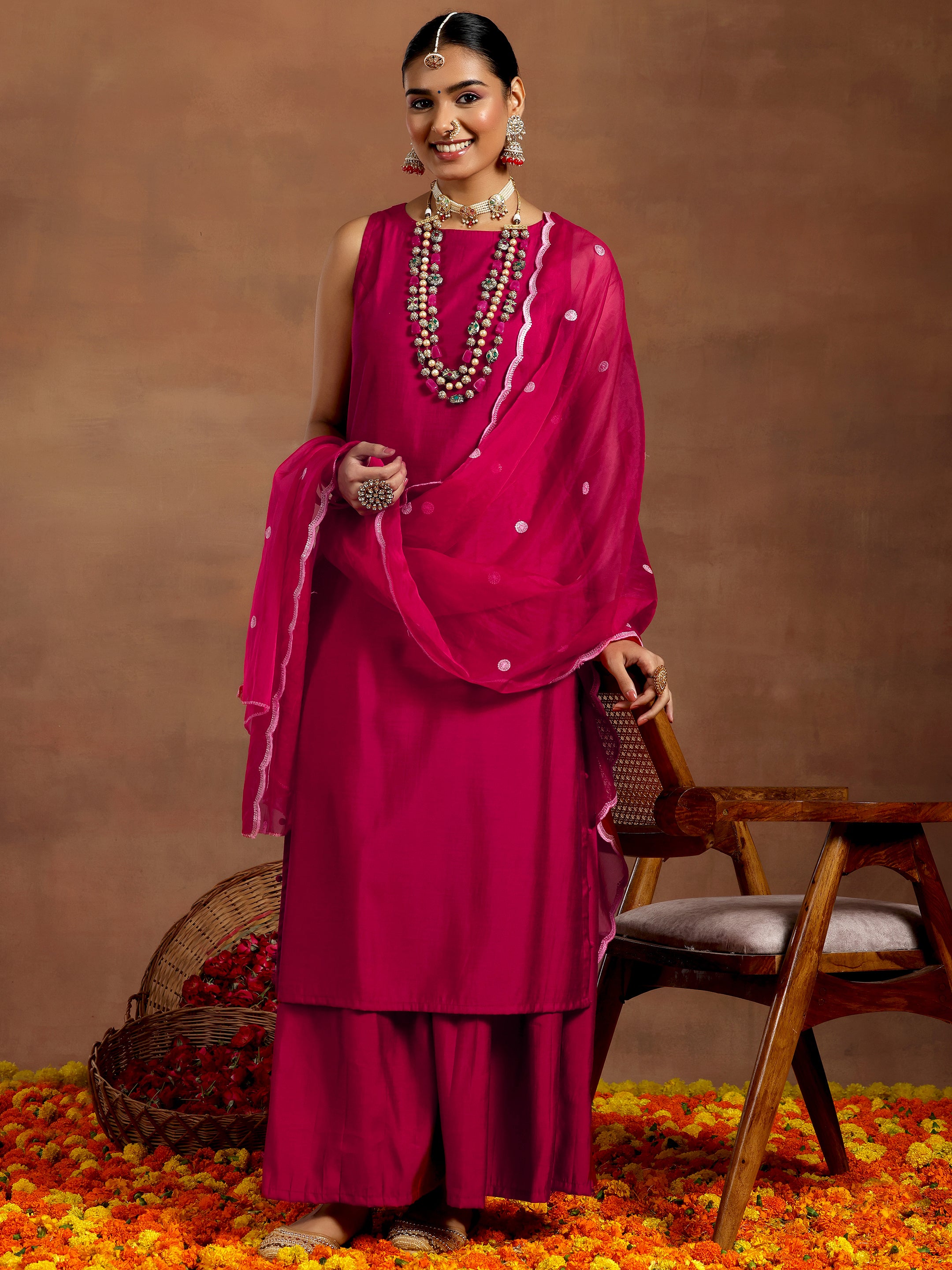 Pink Solid Silk Blend Straight Suit With Dupatta