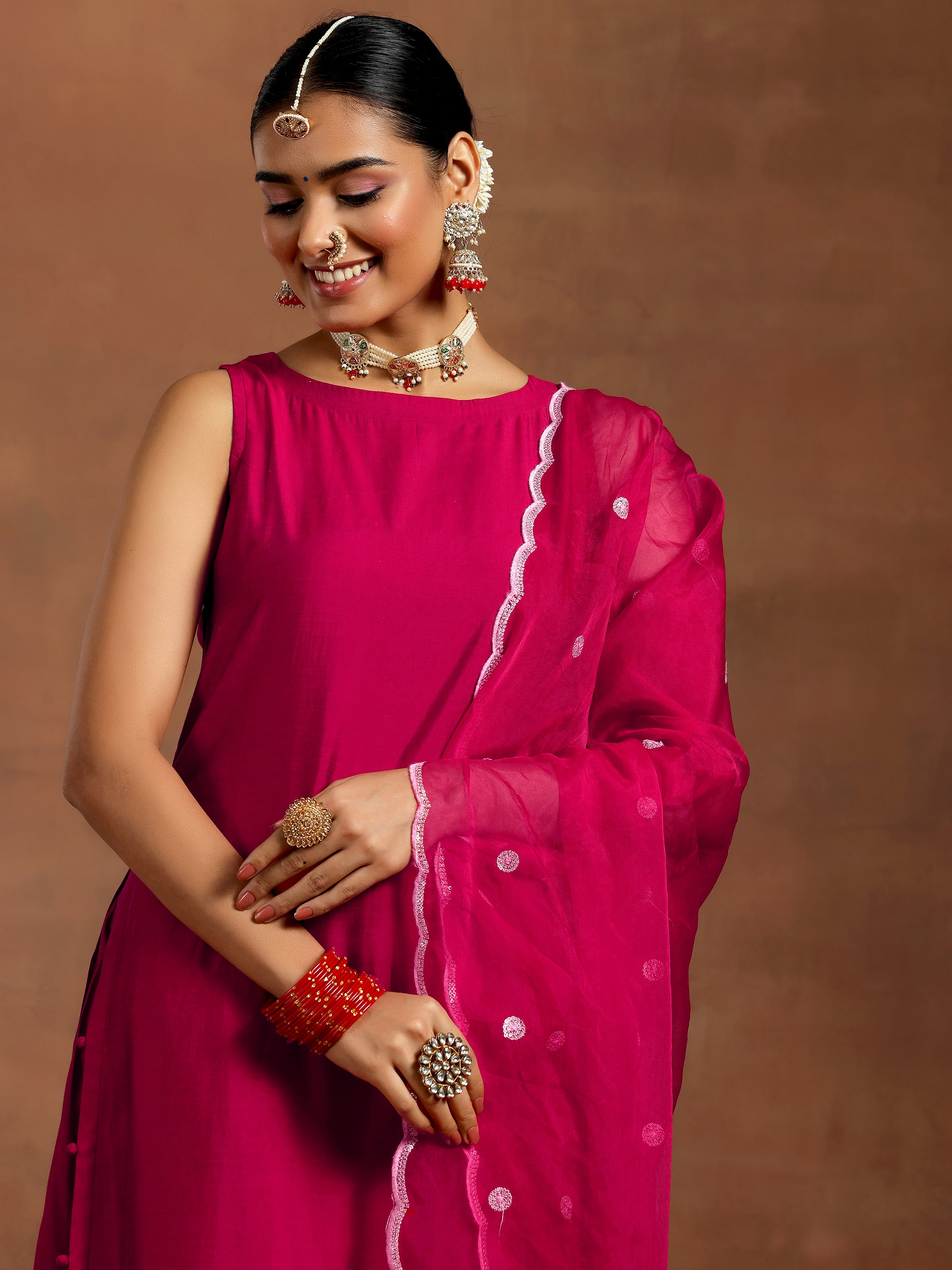 Pink Solid Silk Blend Straight Suit With Dupatta