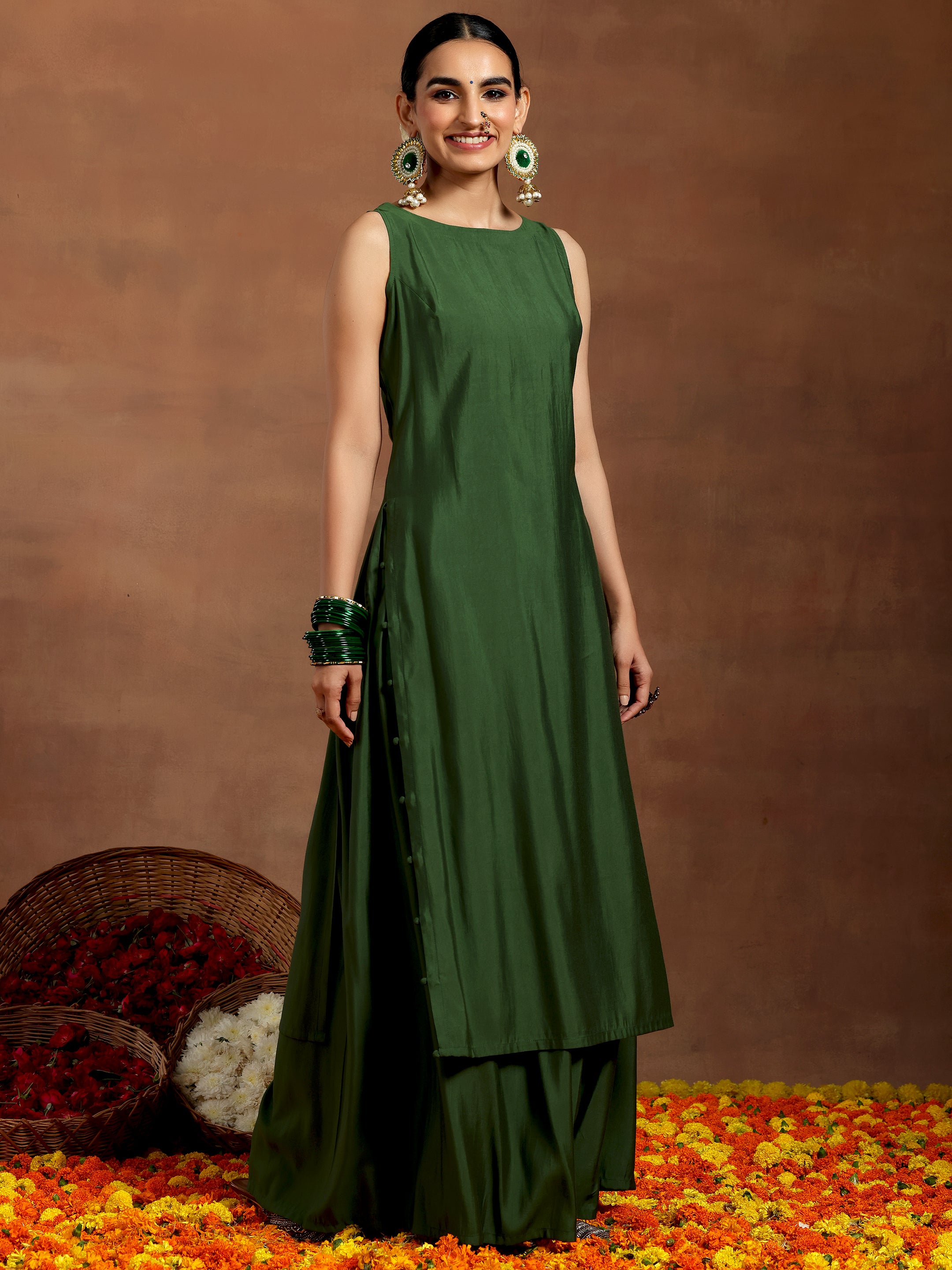 Green Solid Silk Blend Straight Suit With Dupatta