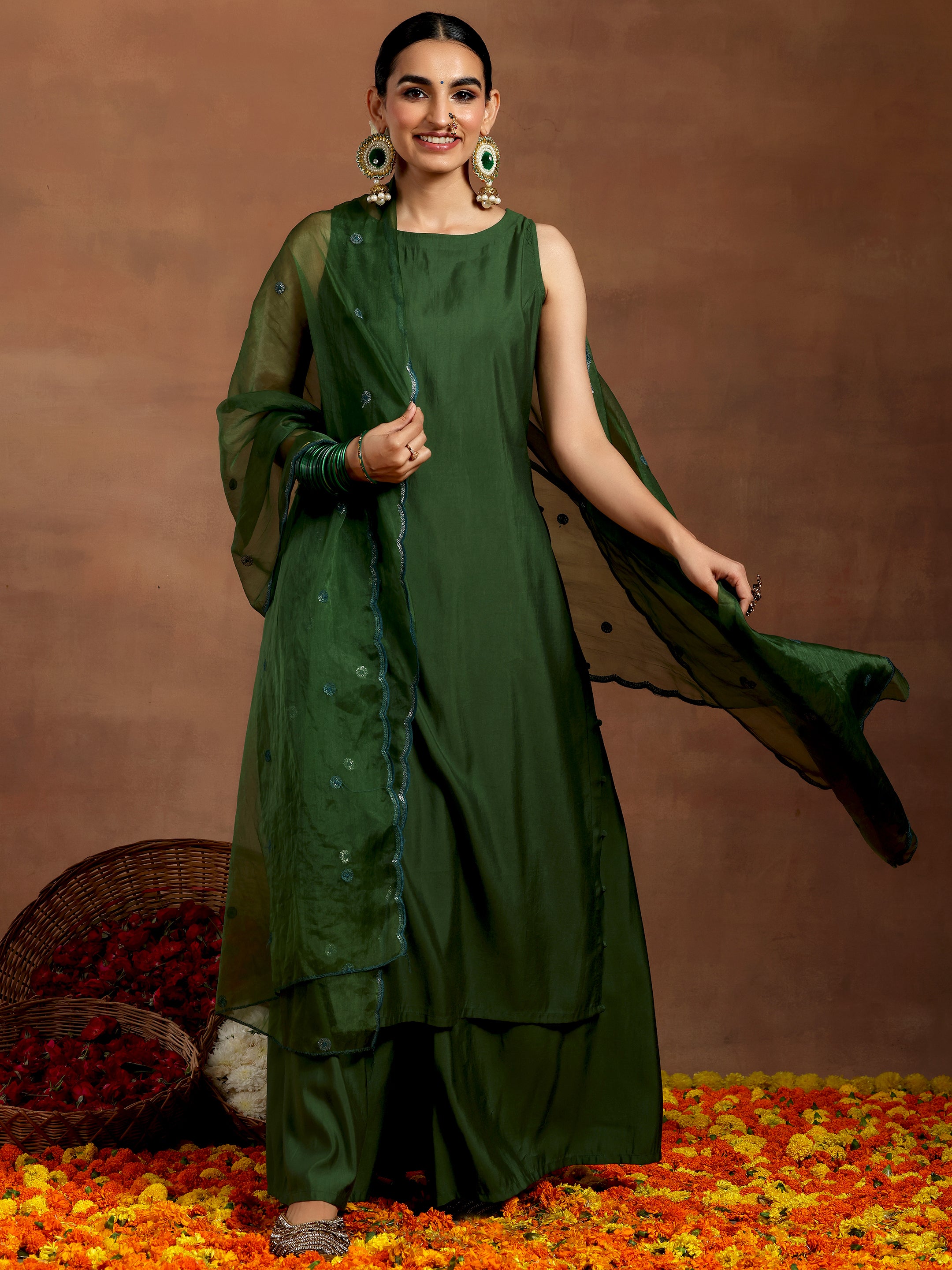 Green Solid Silk Blend Straight Suit With Dupatta