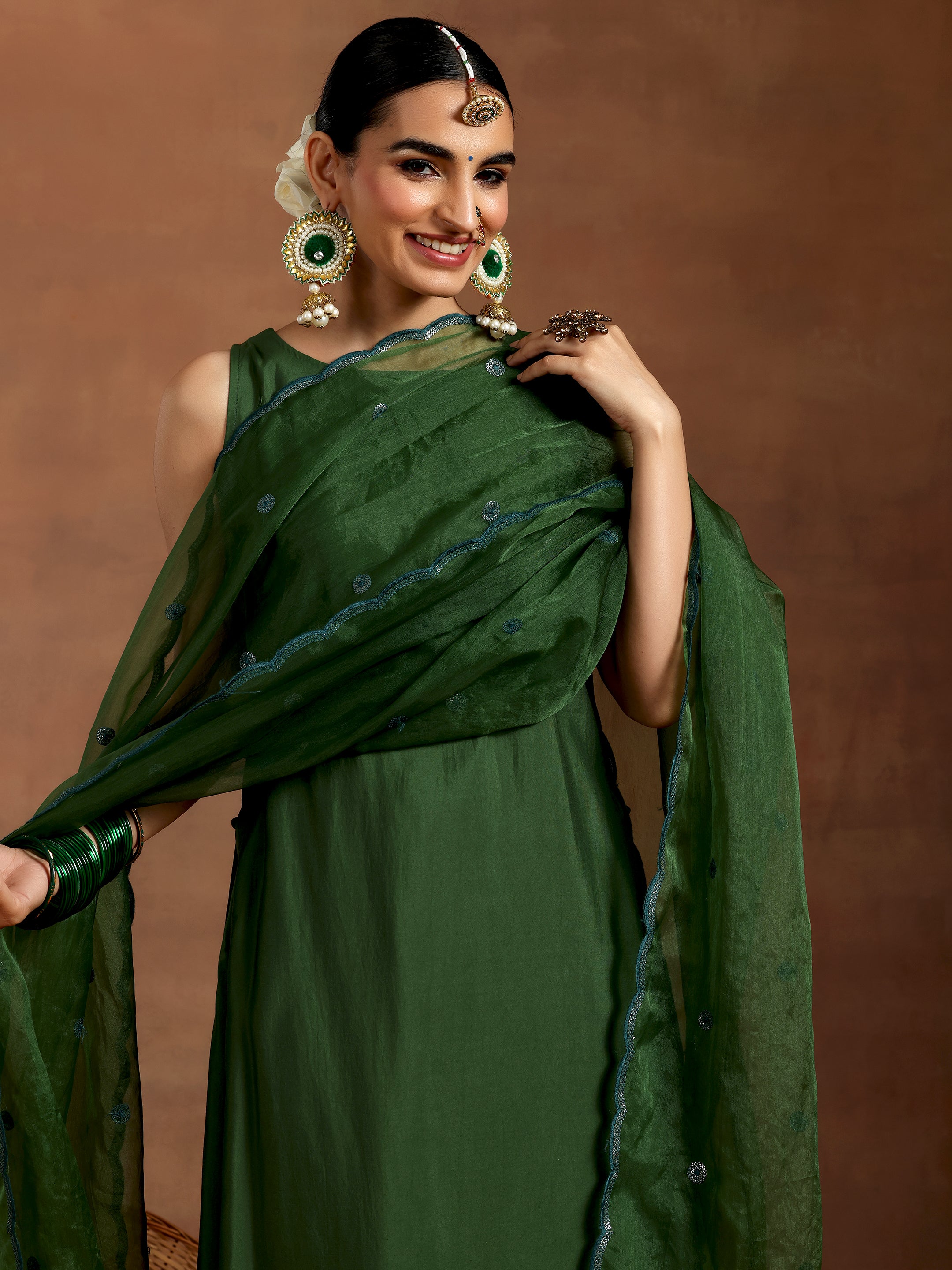 Green Solid Silk Blend Straight Suit With Dupatta