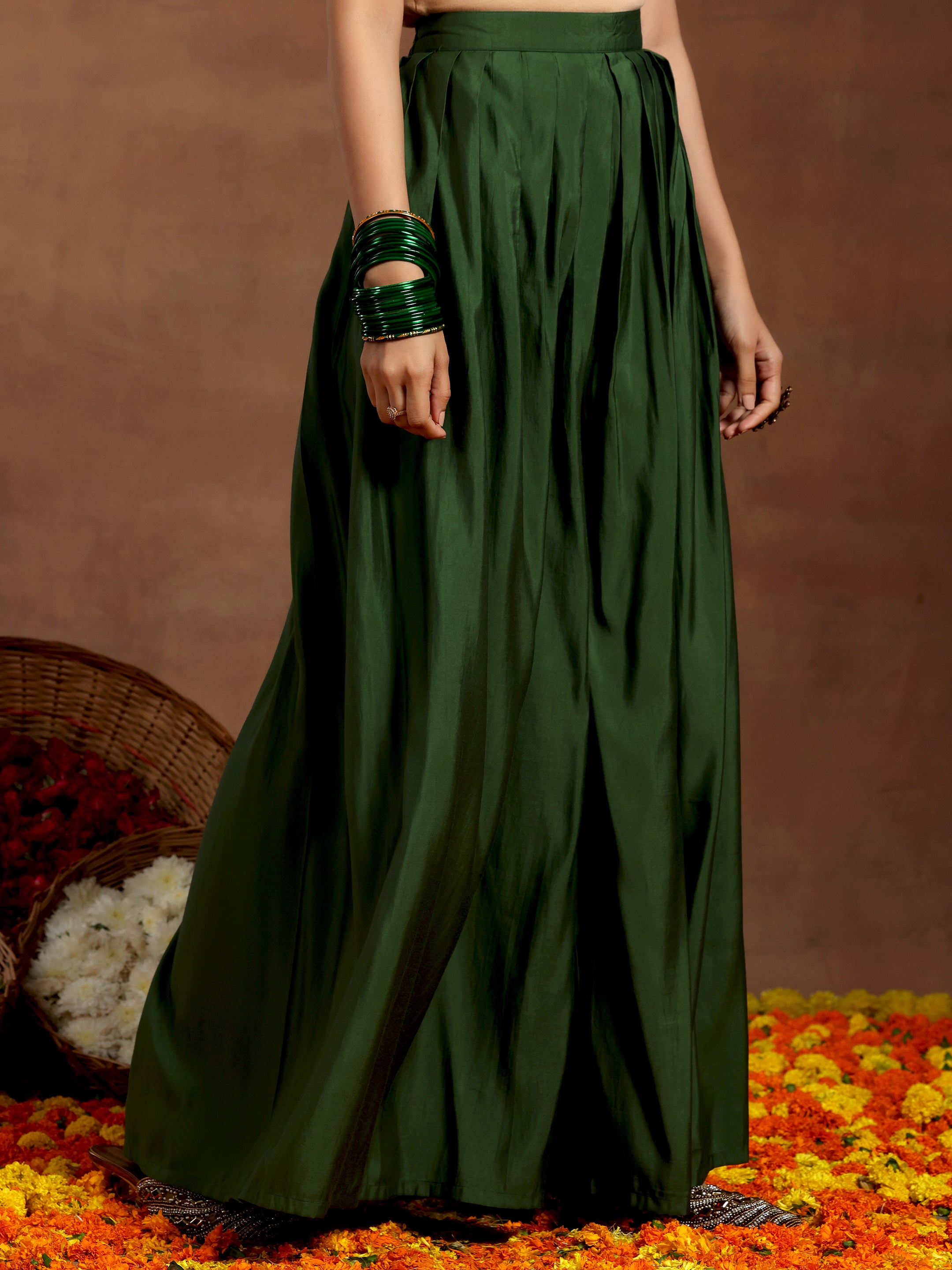 Green Solid Silk Blend Straight Suit With Dupatta