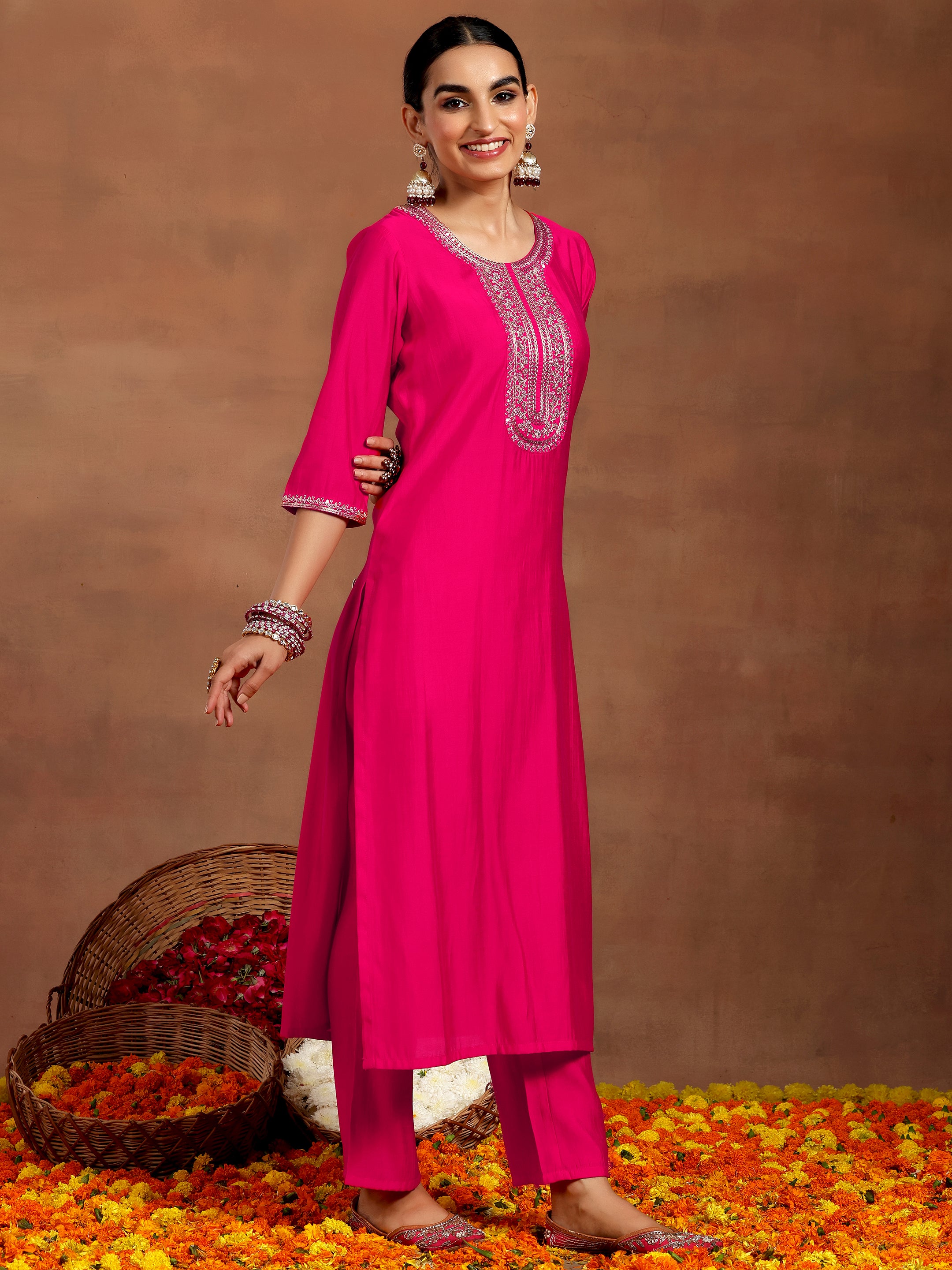 Pink Yoke Design Silk Blend Straight Suit With Dupatta