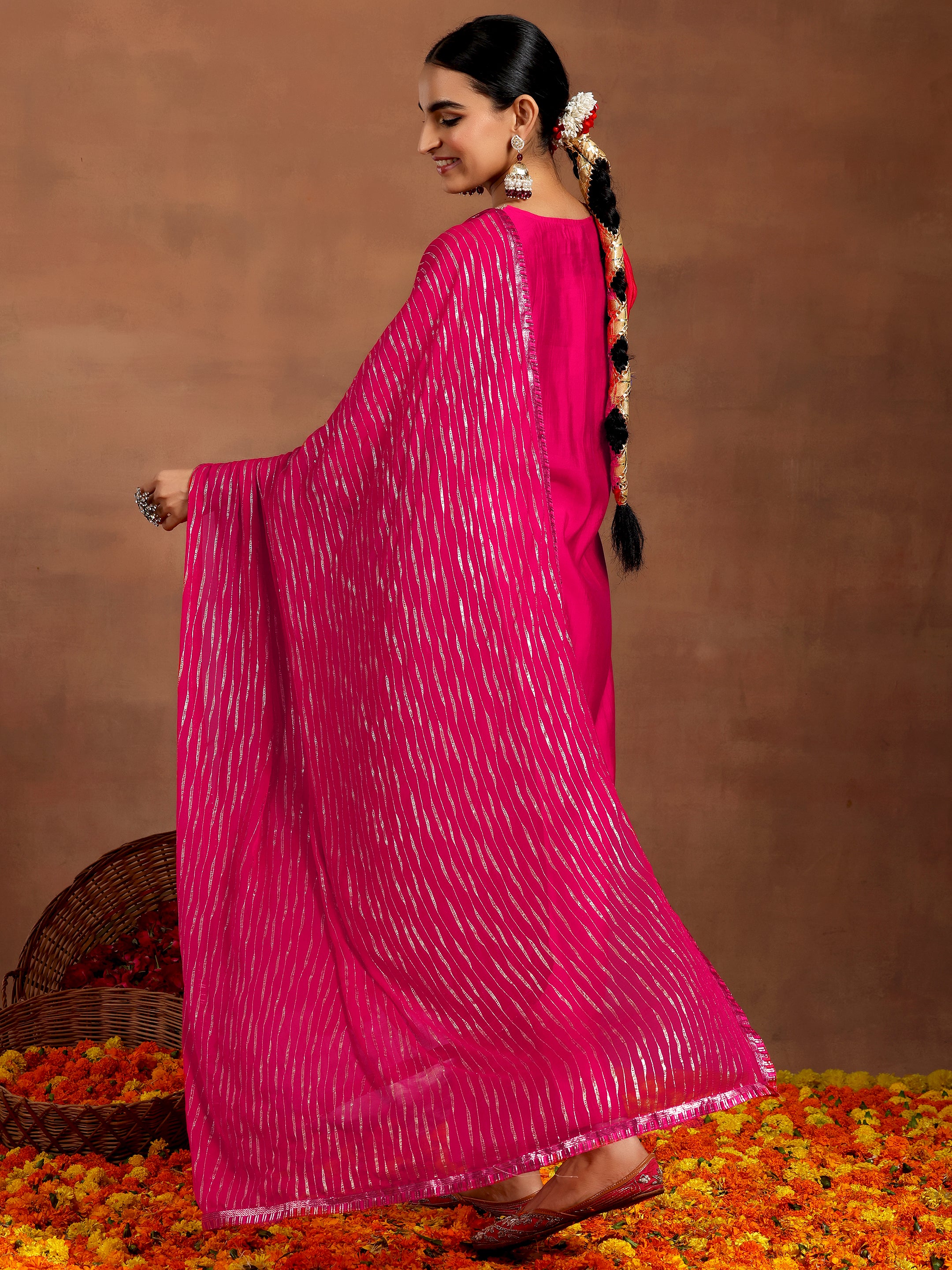 Pink Yoke Design Silk Blend Straight Suit With Dupatta