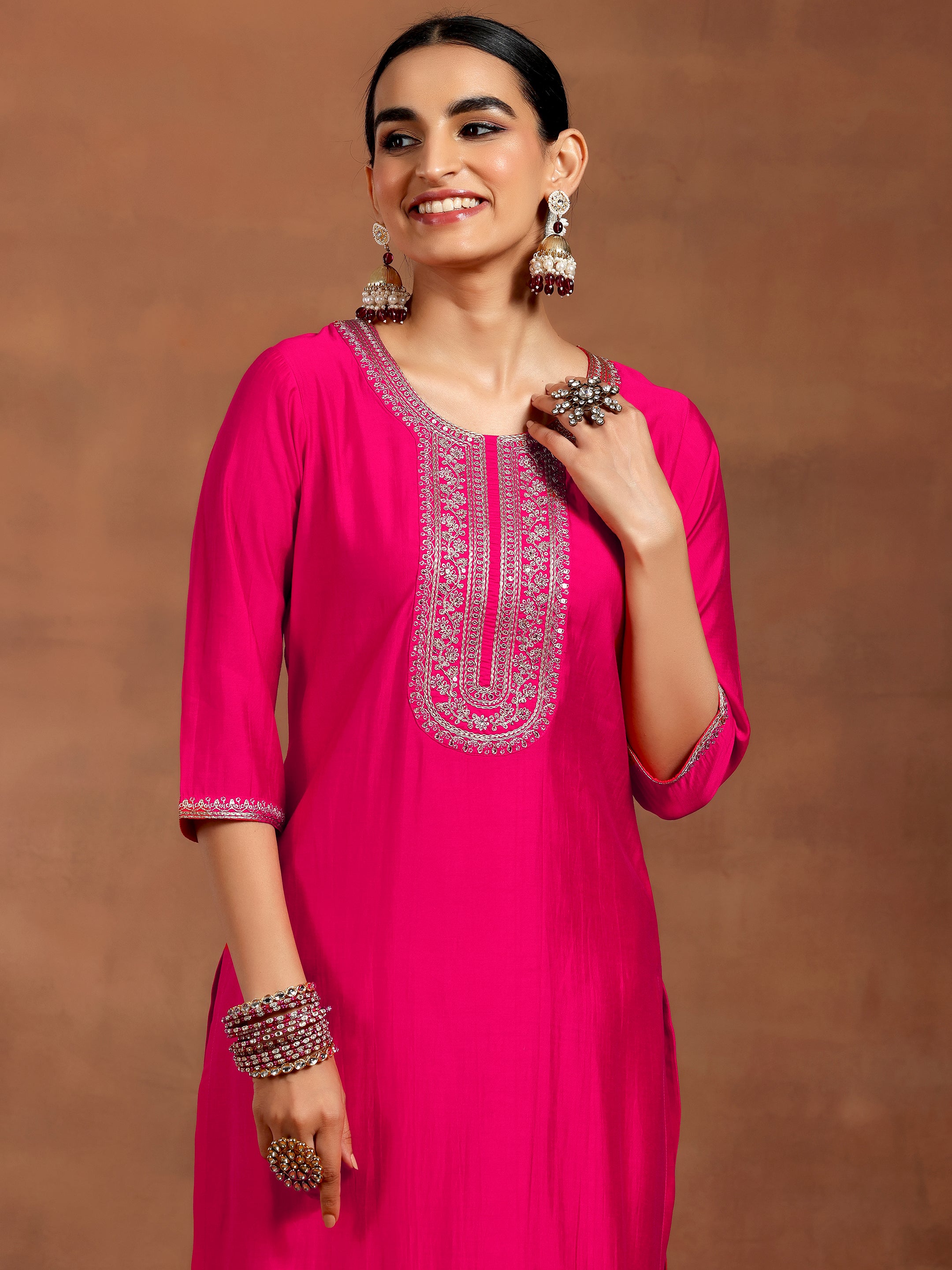 Pink Yoke Design Silk Blend Straight Suit With Dupatta