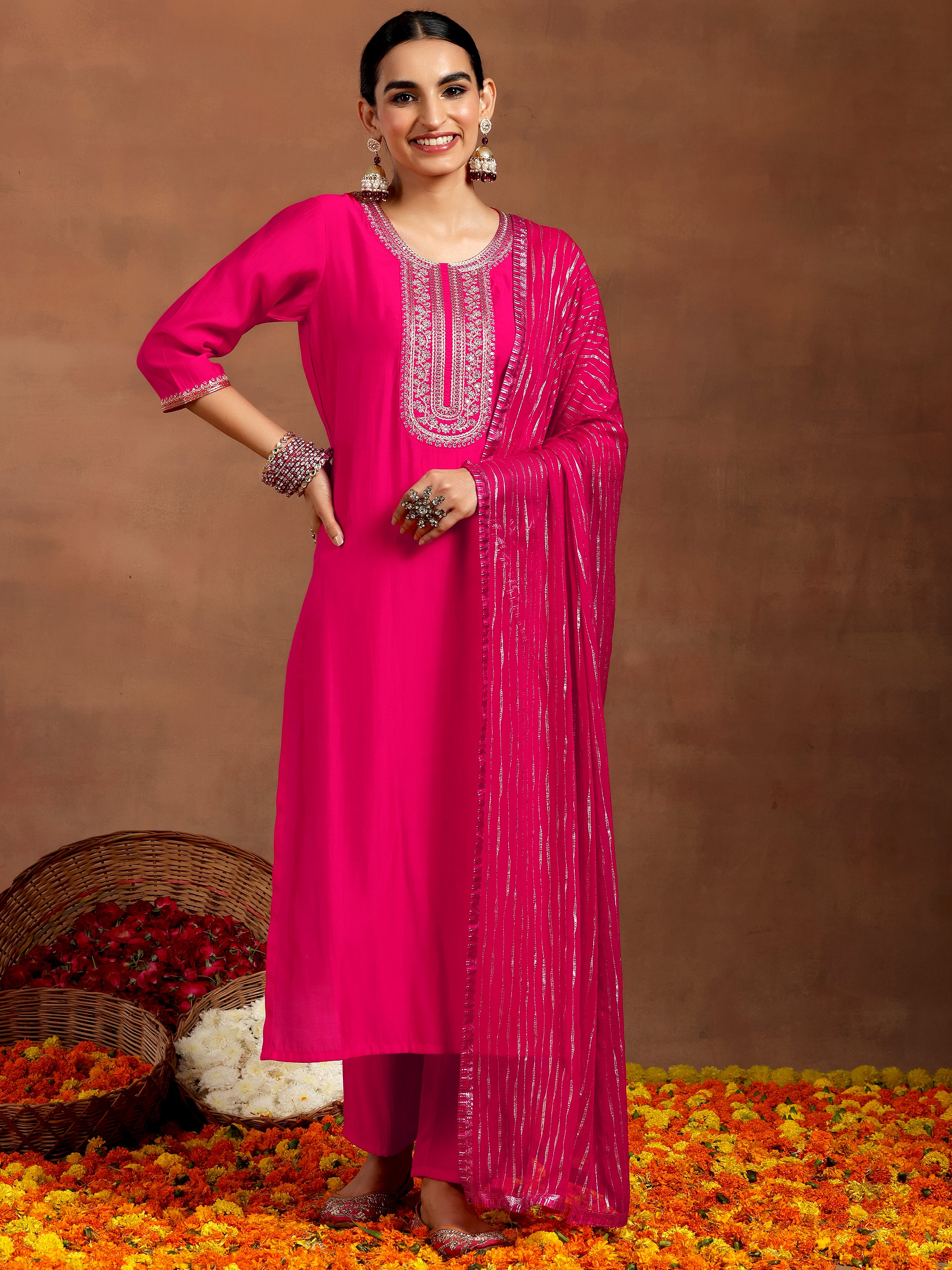 Pink Yoke Design Silk Blend Straight Suit With Dupatta