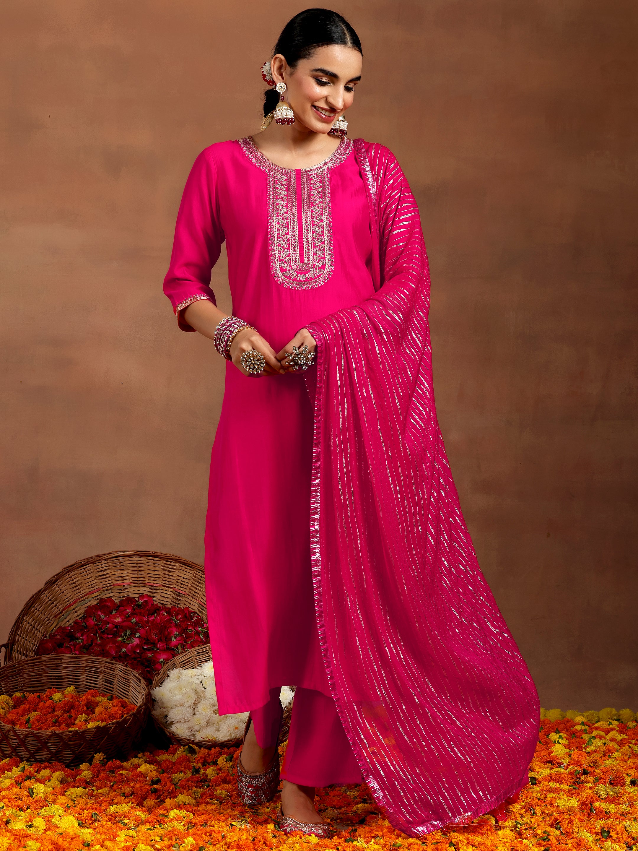 Pink Yoke Design Silk Blend Straight Suit With Dupatta