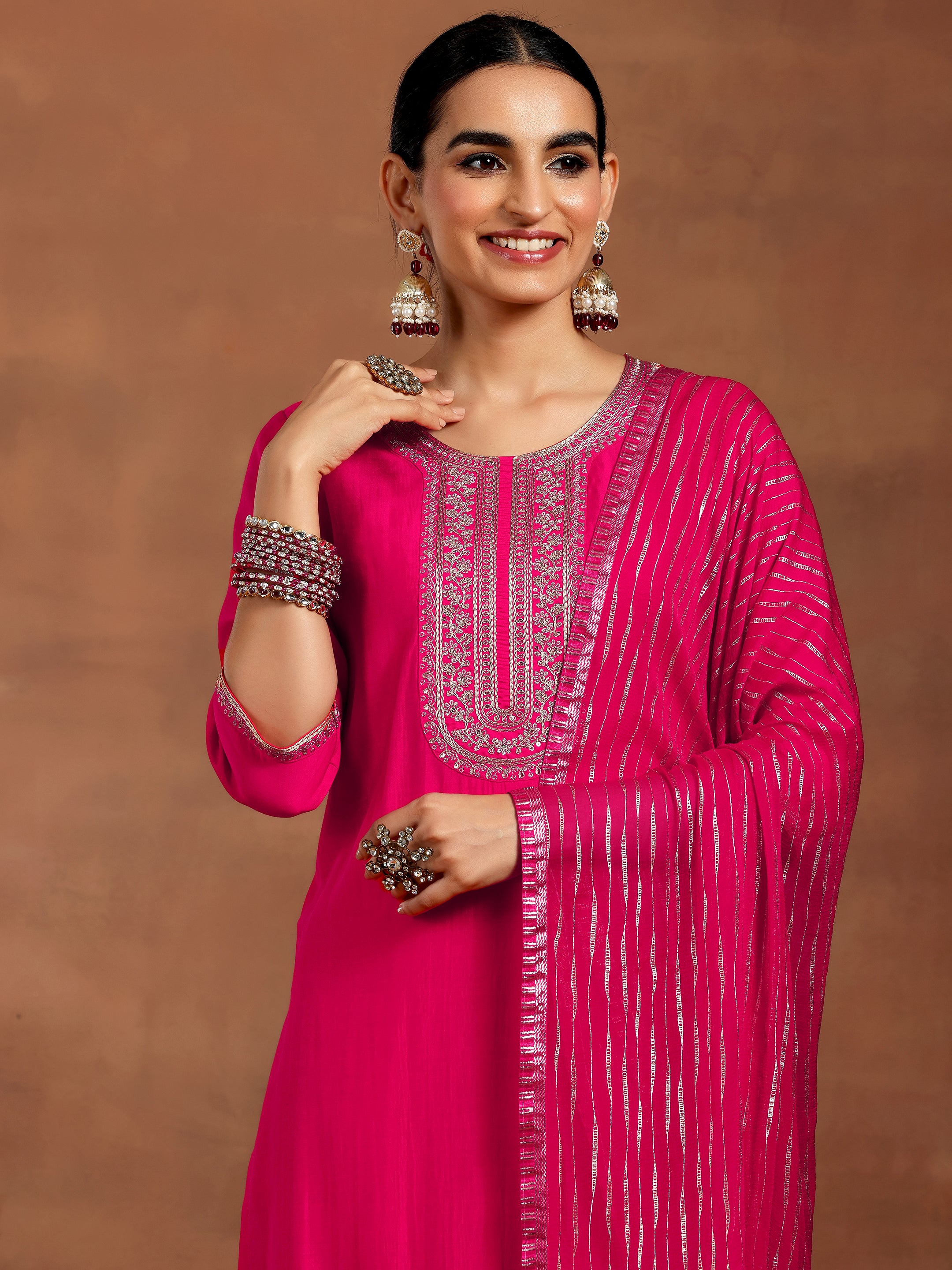 Pink Yoke Design Silk Blend Straight Suit With Dupatta