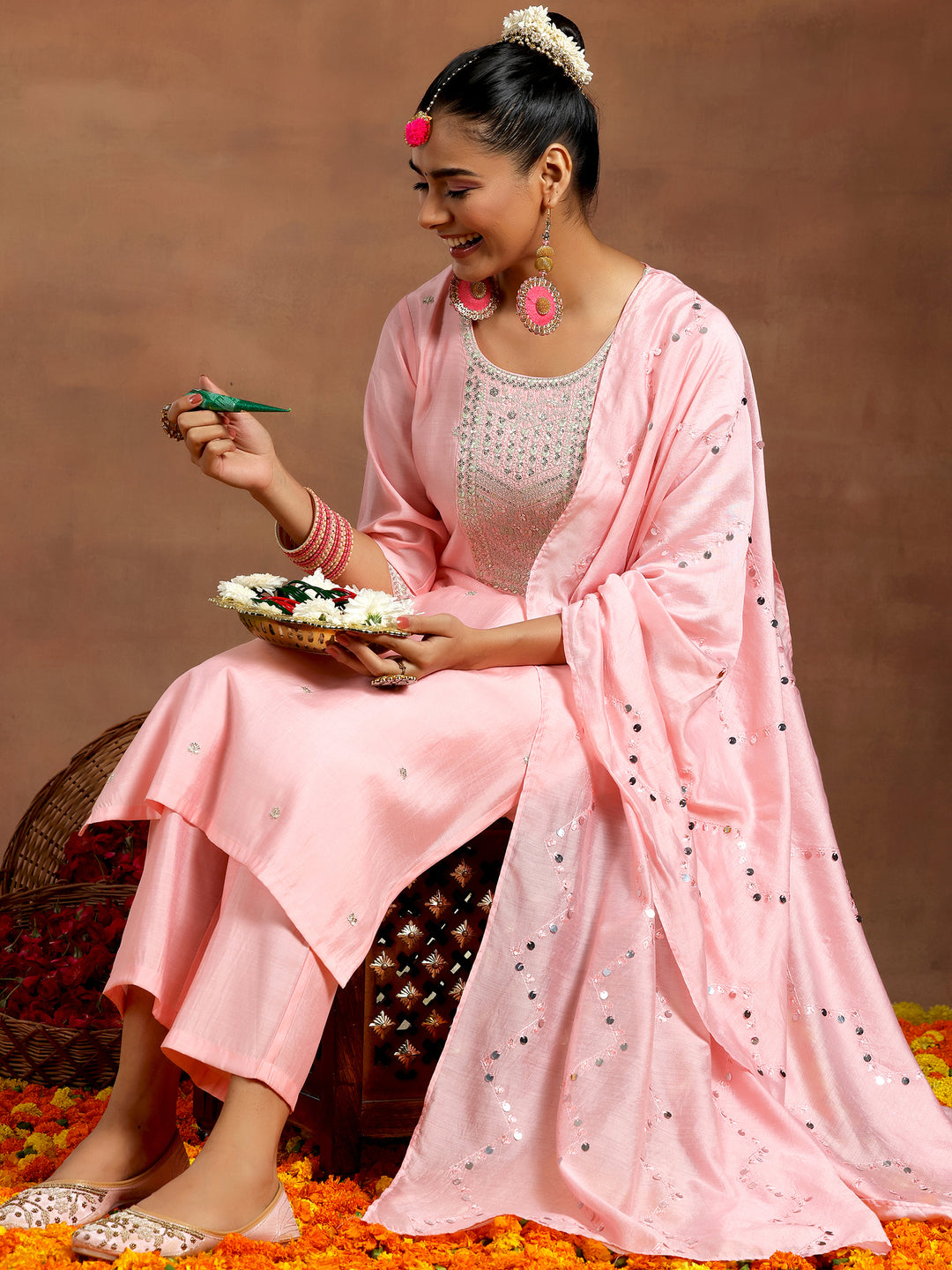 Peach Yoke Design Silk Blend Straight Suit With Dupatta