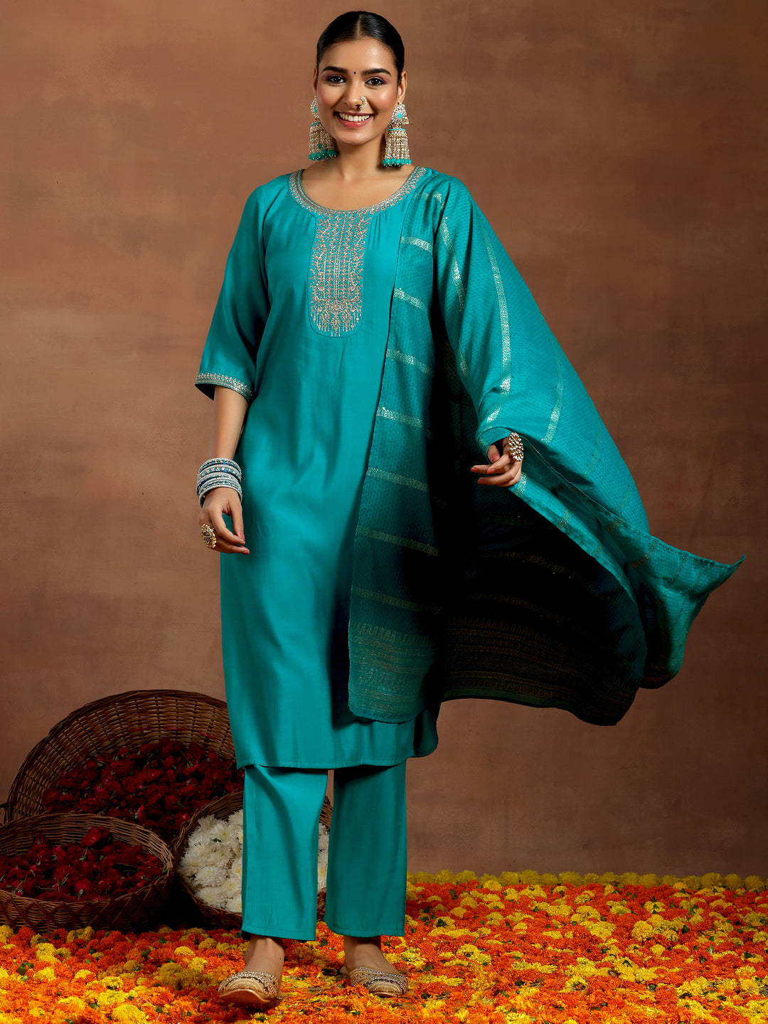 Blue Yoke Design Silk Blend Straight Suit With Dupatta