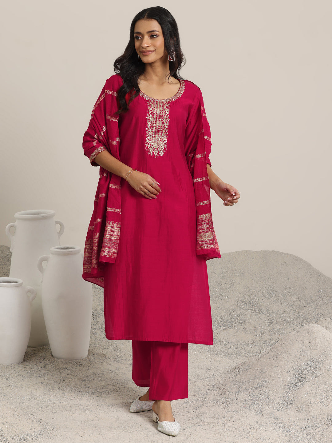 Red Yoke Design Silk Blend Straight Suit With Dupatta