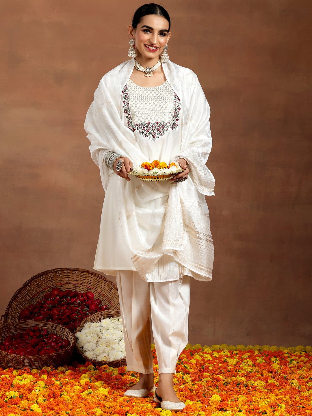 White Yoke Design Silk Blend Straight Suit With Dupatta