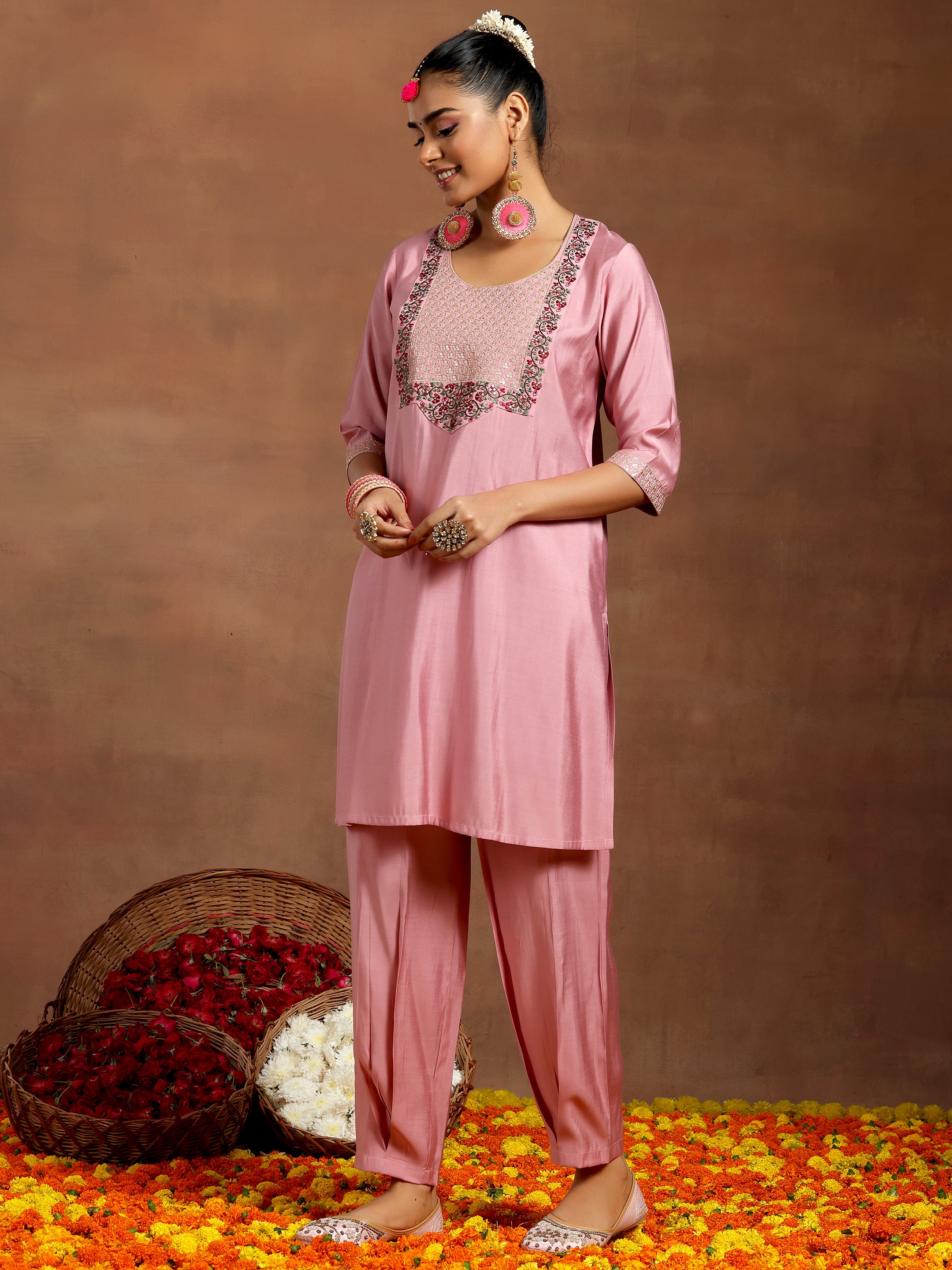 Pink Yoke Design Silk Blend Straight Suit With Dupatta