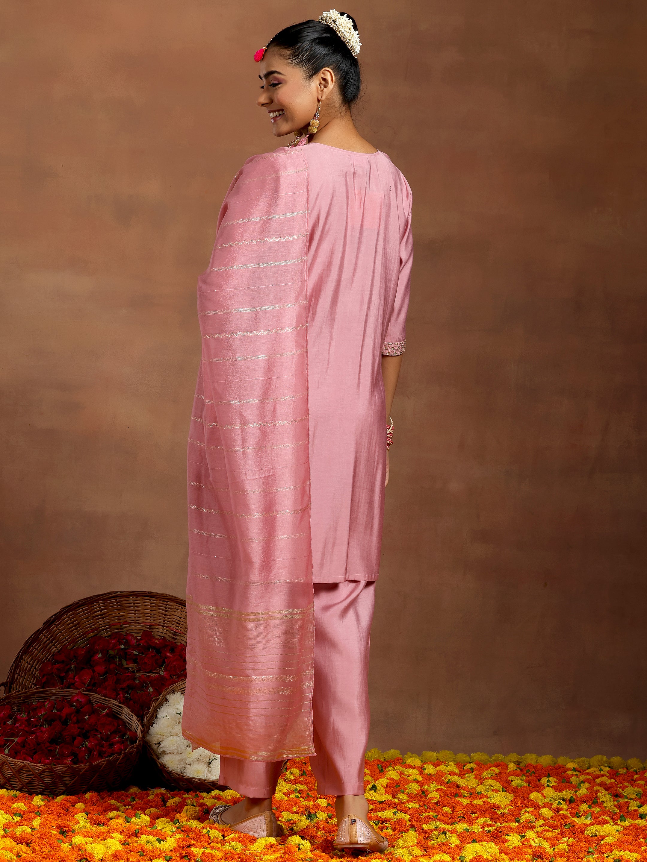 Pink Yoke Design Silk Blend Straight Suit With Dupatta