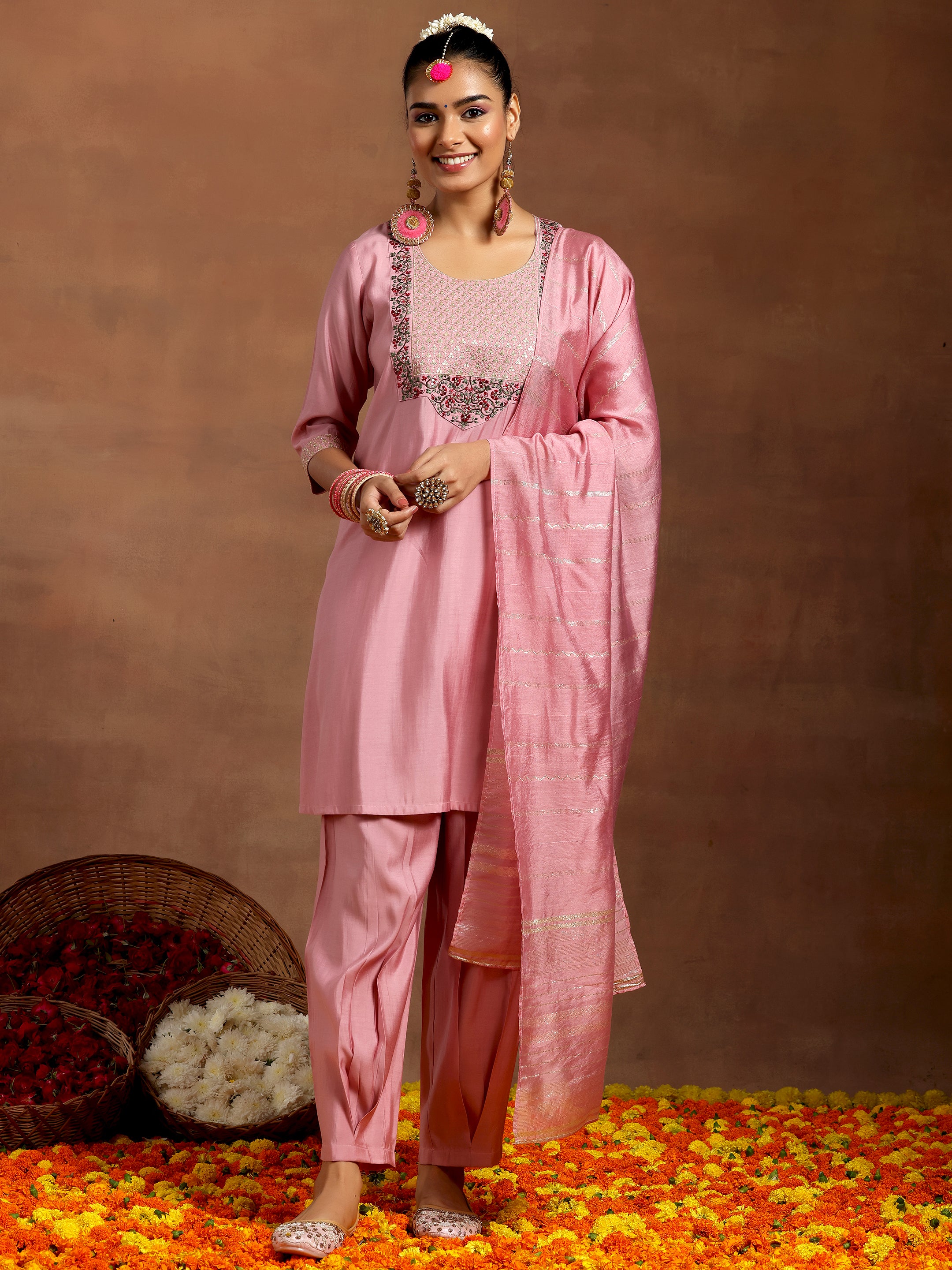 Pink Yoke Design Silk Blend Straight Suit With Dupatta