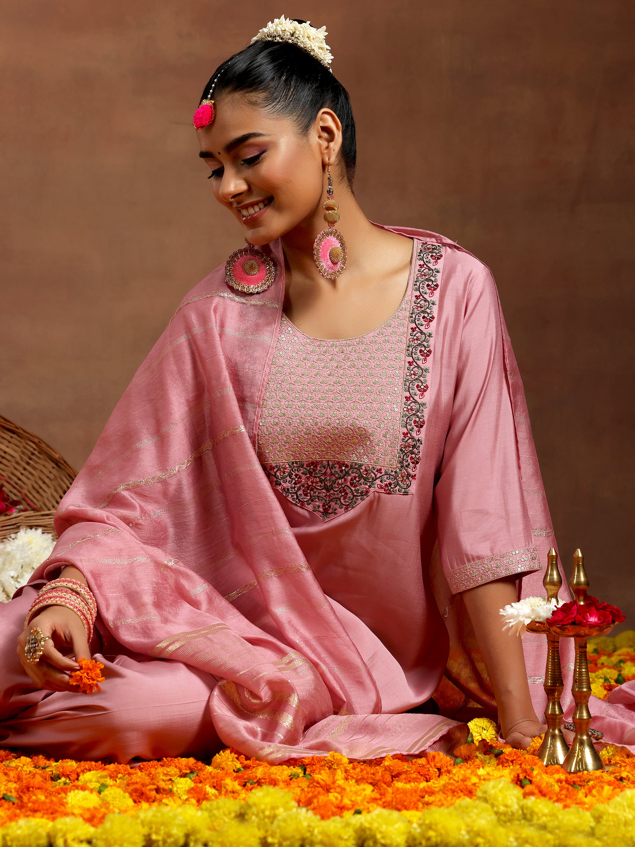 Pink Yoke Design Silk Blend Straight Suit With Dupatta