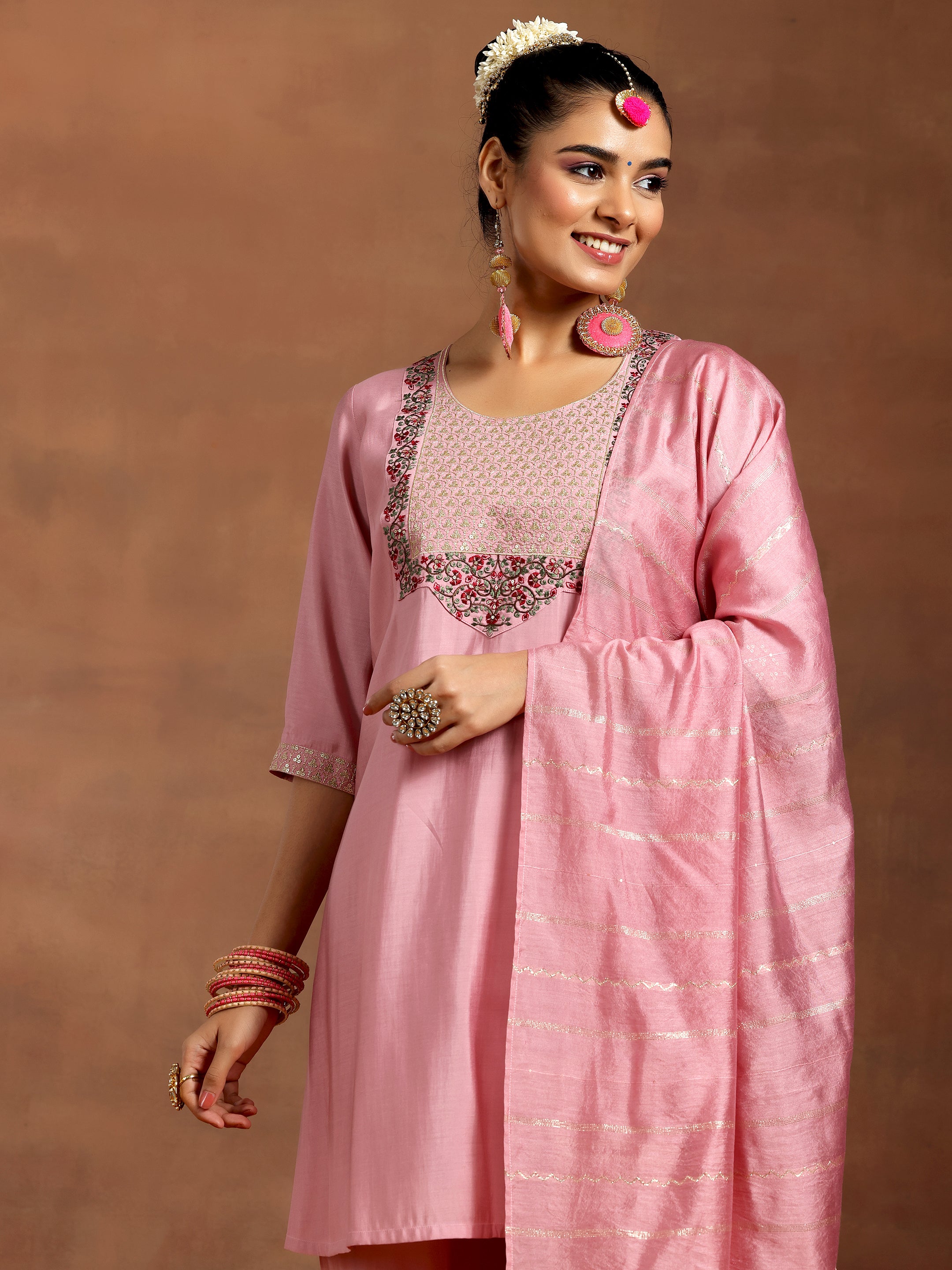 Pink Yoke Design Silk Blend Straight Suit With Dupatta