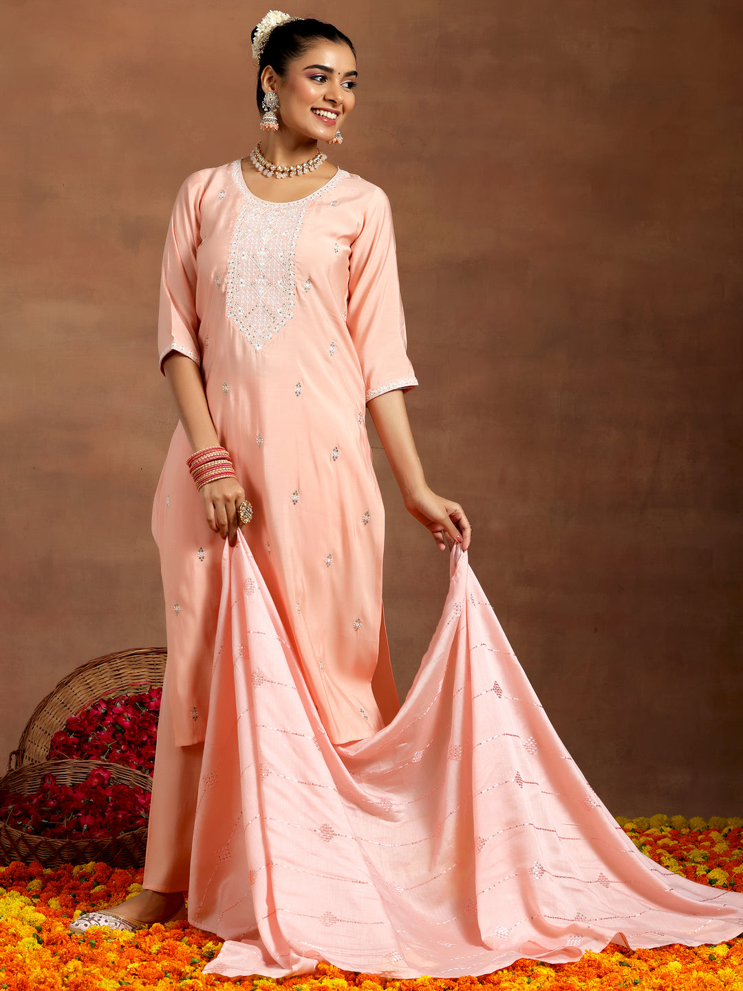 Peach Yoke Design Silk Blend Straight Suit With Dupatta