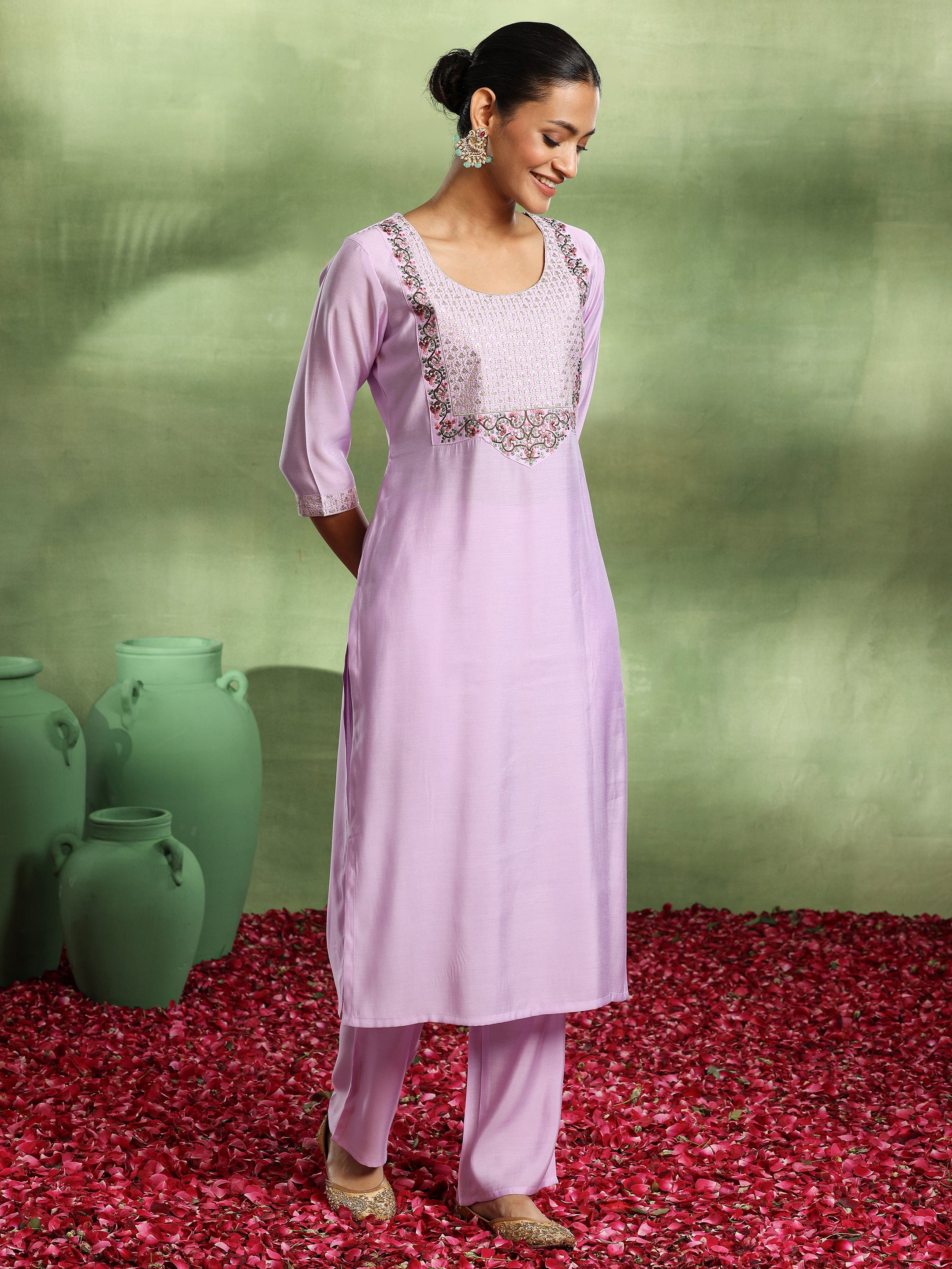 Lavender Yoke Design Silk Blend Straight Suit With Dupatta