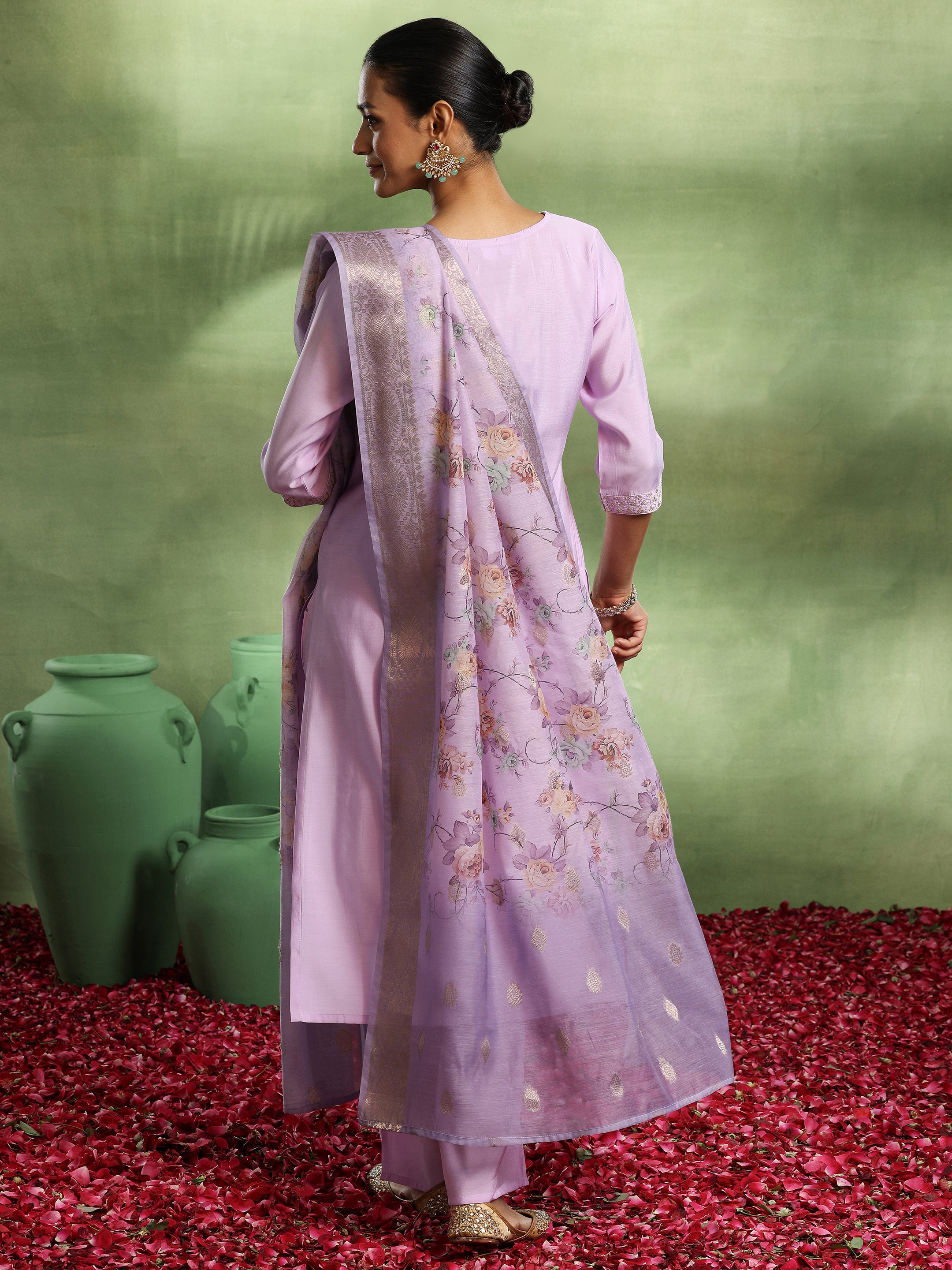 Lavender Yoke Design Silk Blend Straight Suit With Dupatta