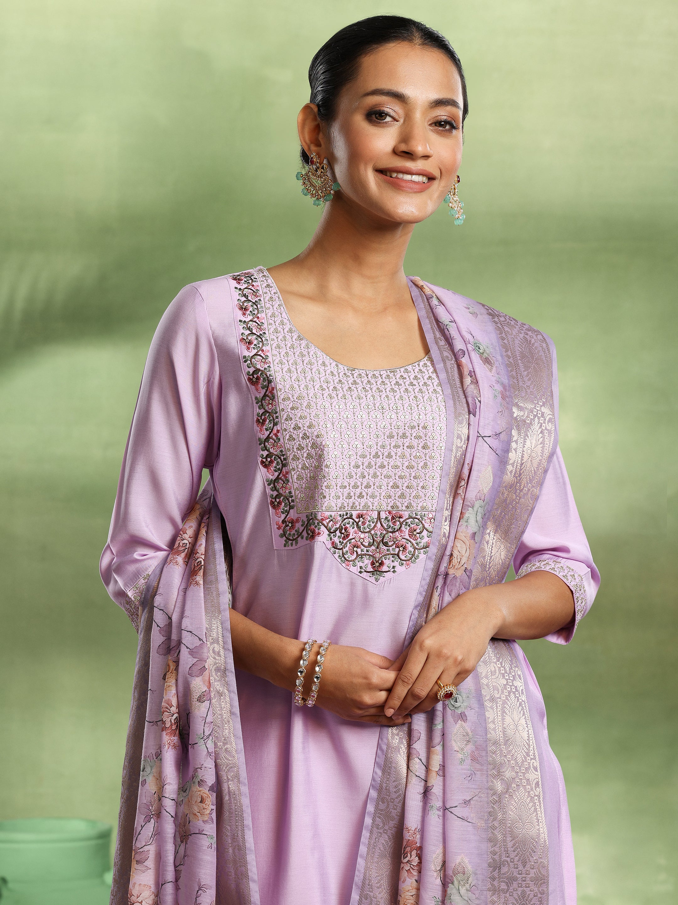 Lavender Yoke Design Silk Blend Straight Suit With Dupatta