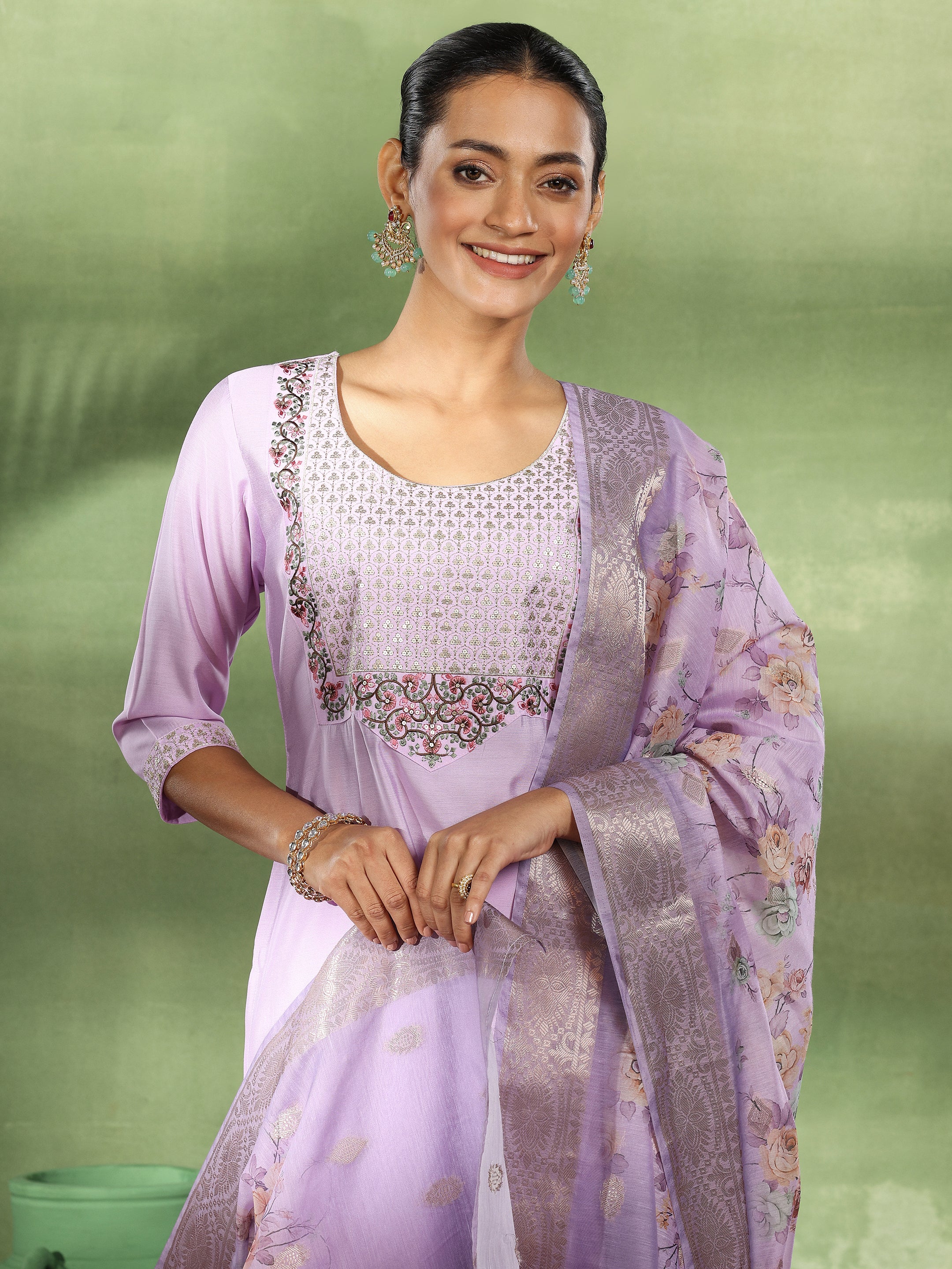 Lavender Yoke Design Silk Blend Straight Suit With Dupatta