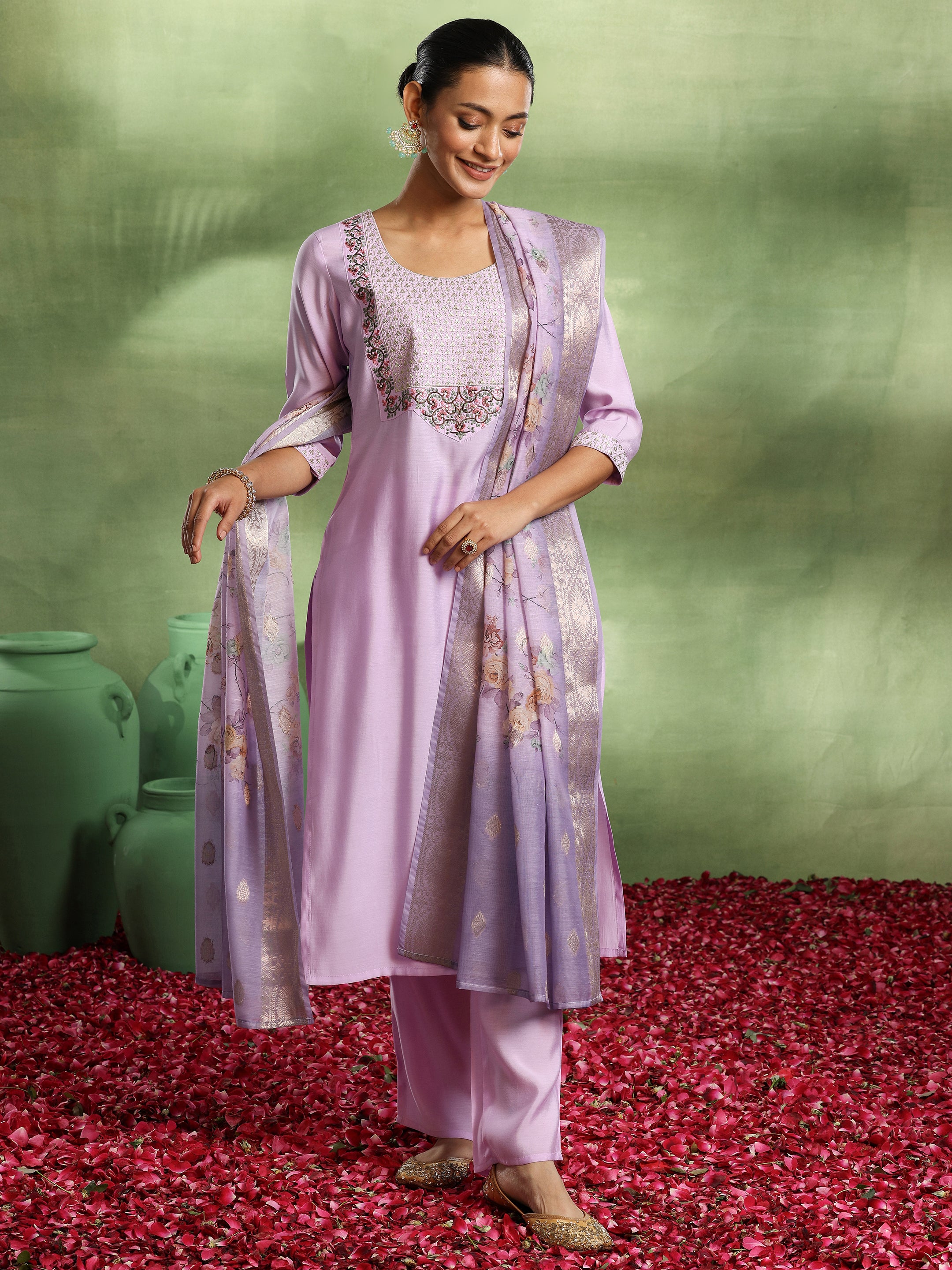 Lavender Yoke Design Silk Blend Straight Suit With Dupatta