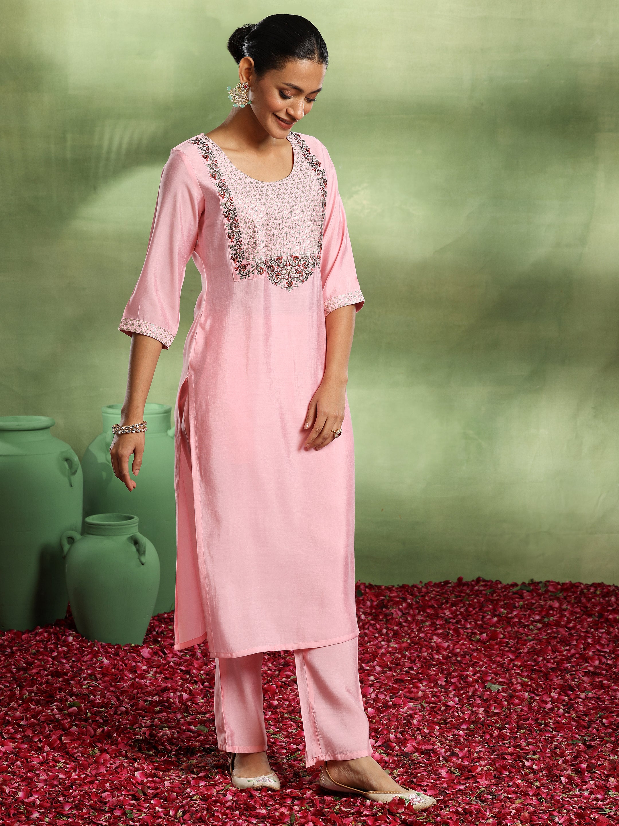 Pink Yoke Design Silk Blend Straight Suit With Dupatta