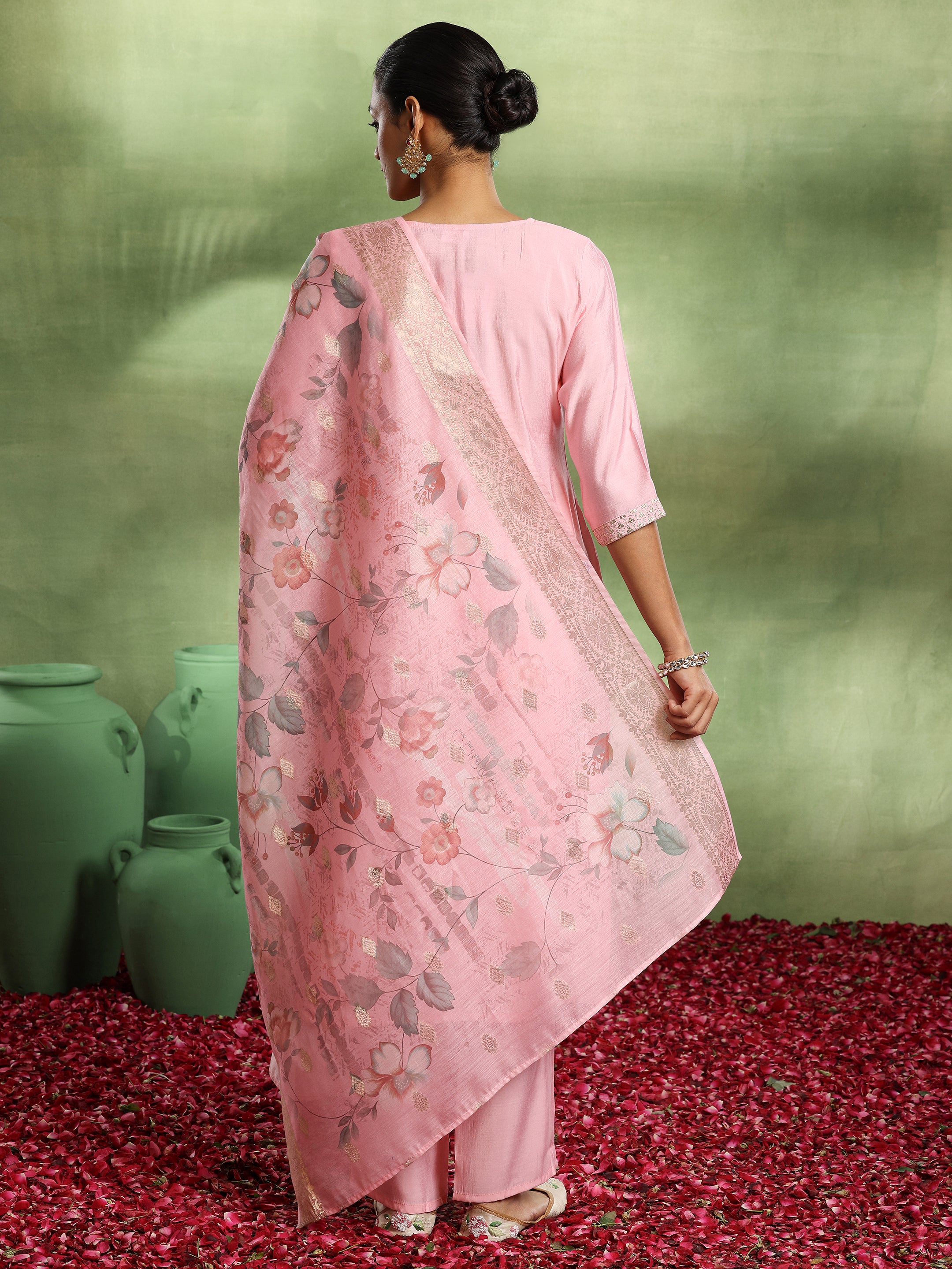 Pink Yoke Design Silk Blend Straight Suit With Dupatta