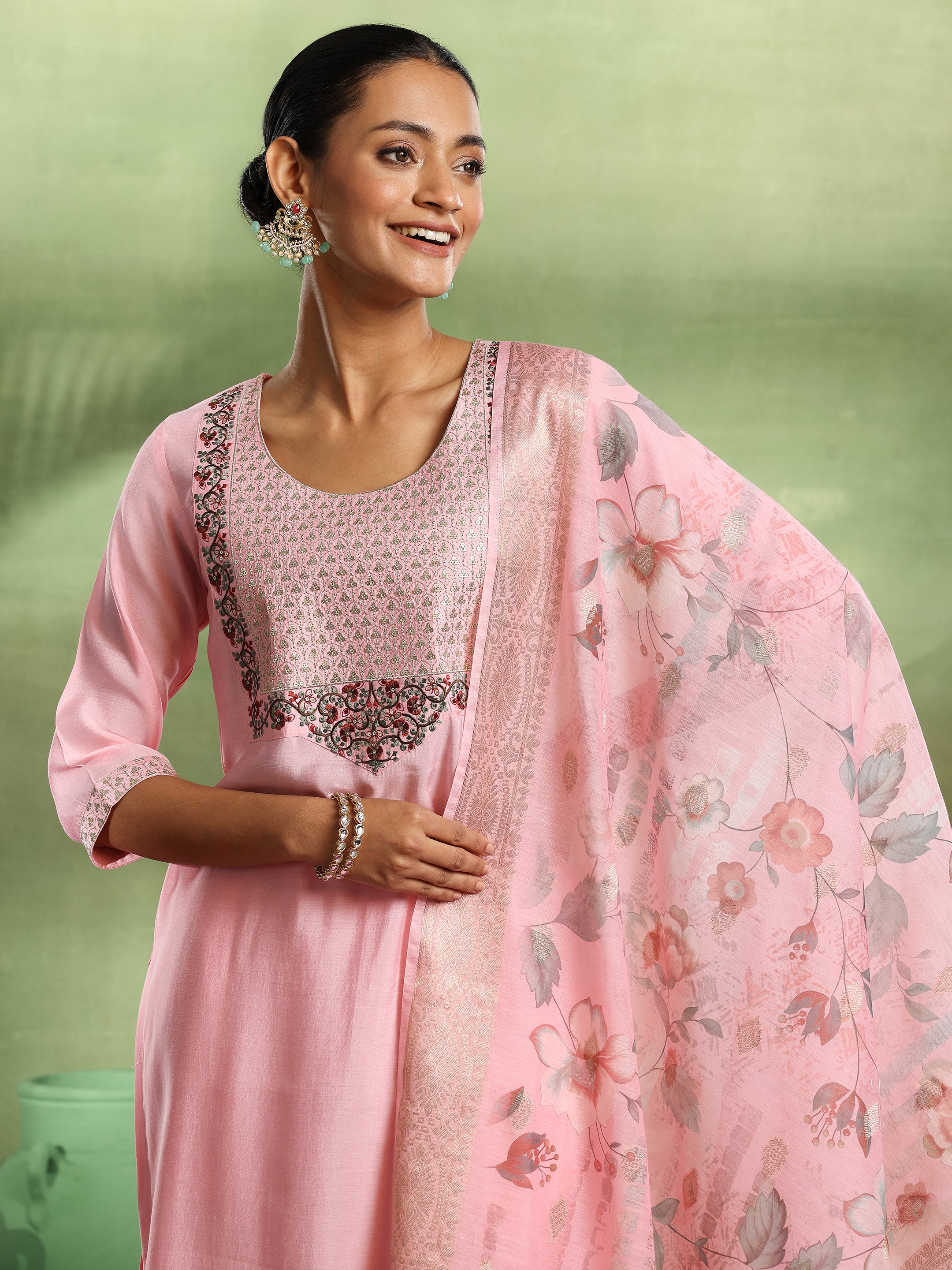 Pink Yoke Design Silk Blend Straight Suit With Dupatta