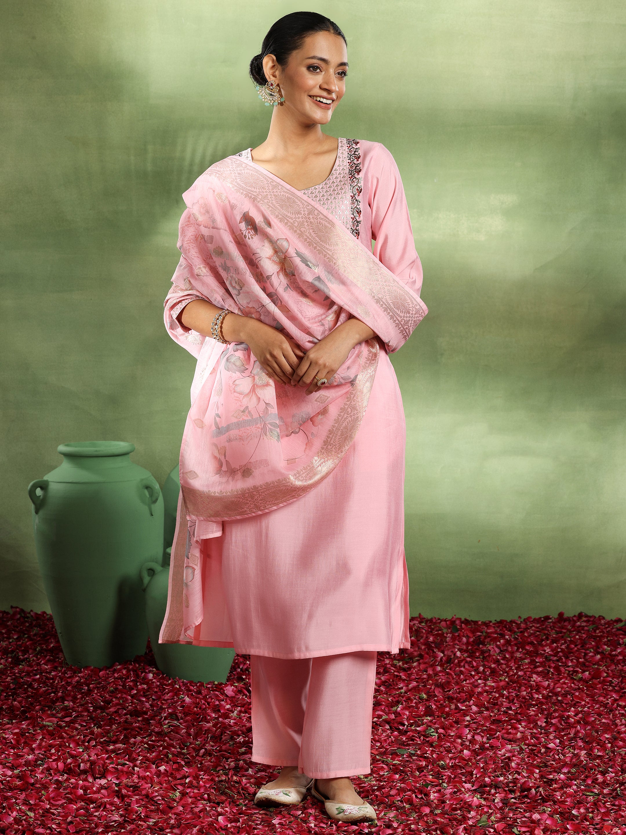 Pink Yoke Design Silk Blend Straight Suit With Dupatta