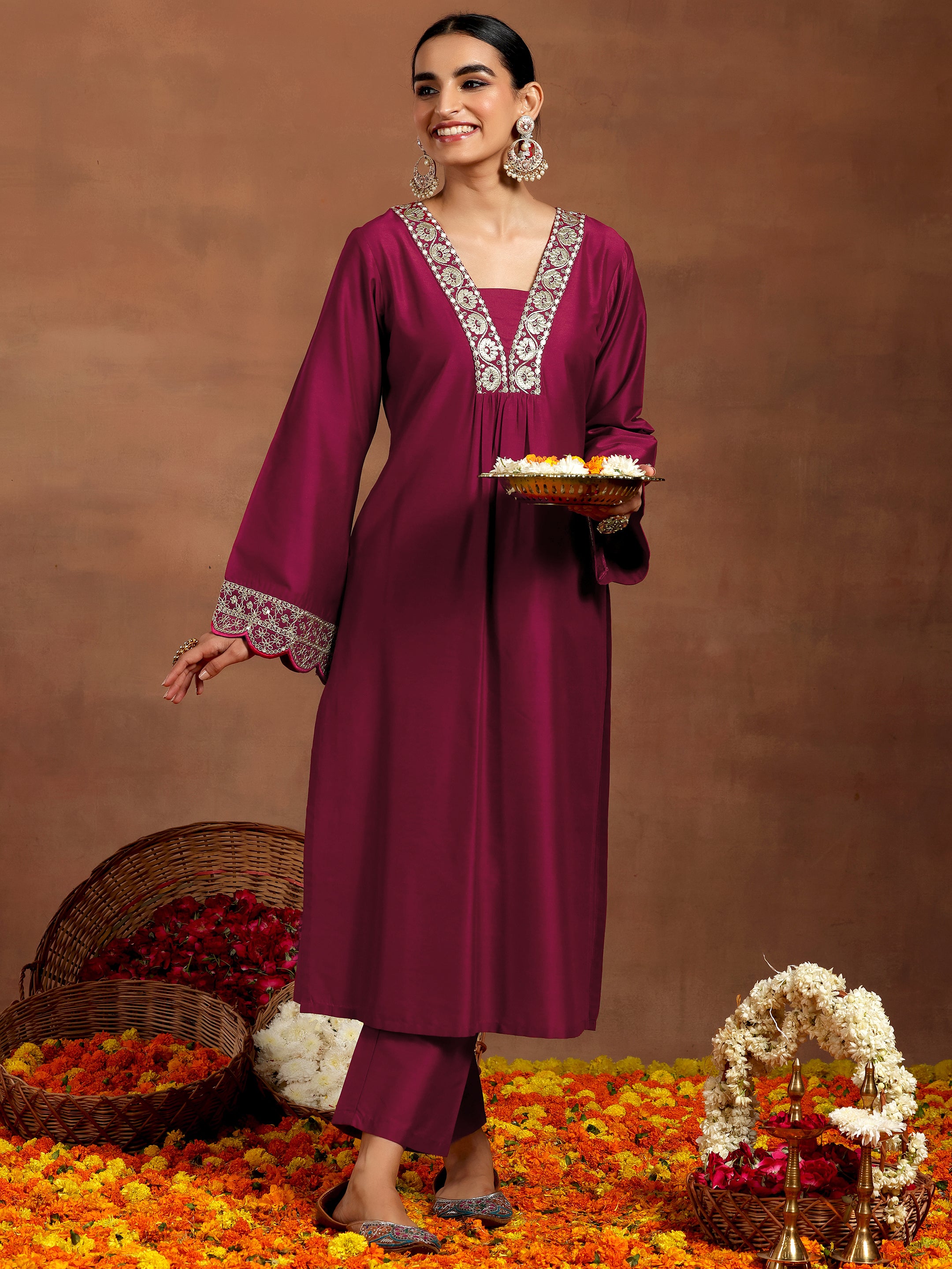 Maroon Yoke Design Silk Blend Straight Kurta Set