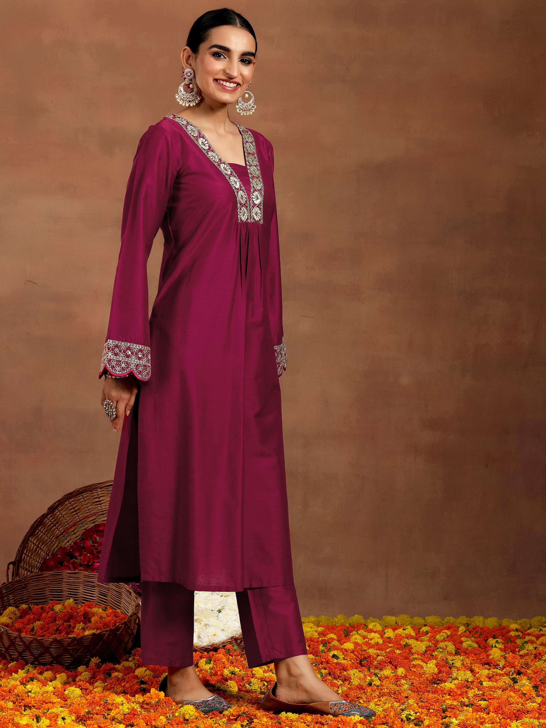 Maroon Yoke Design Silk Blend Straight Kurta Set