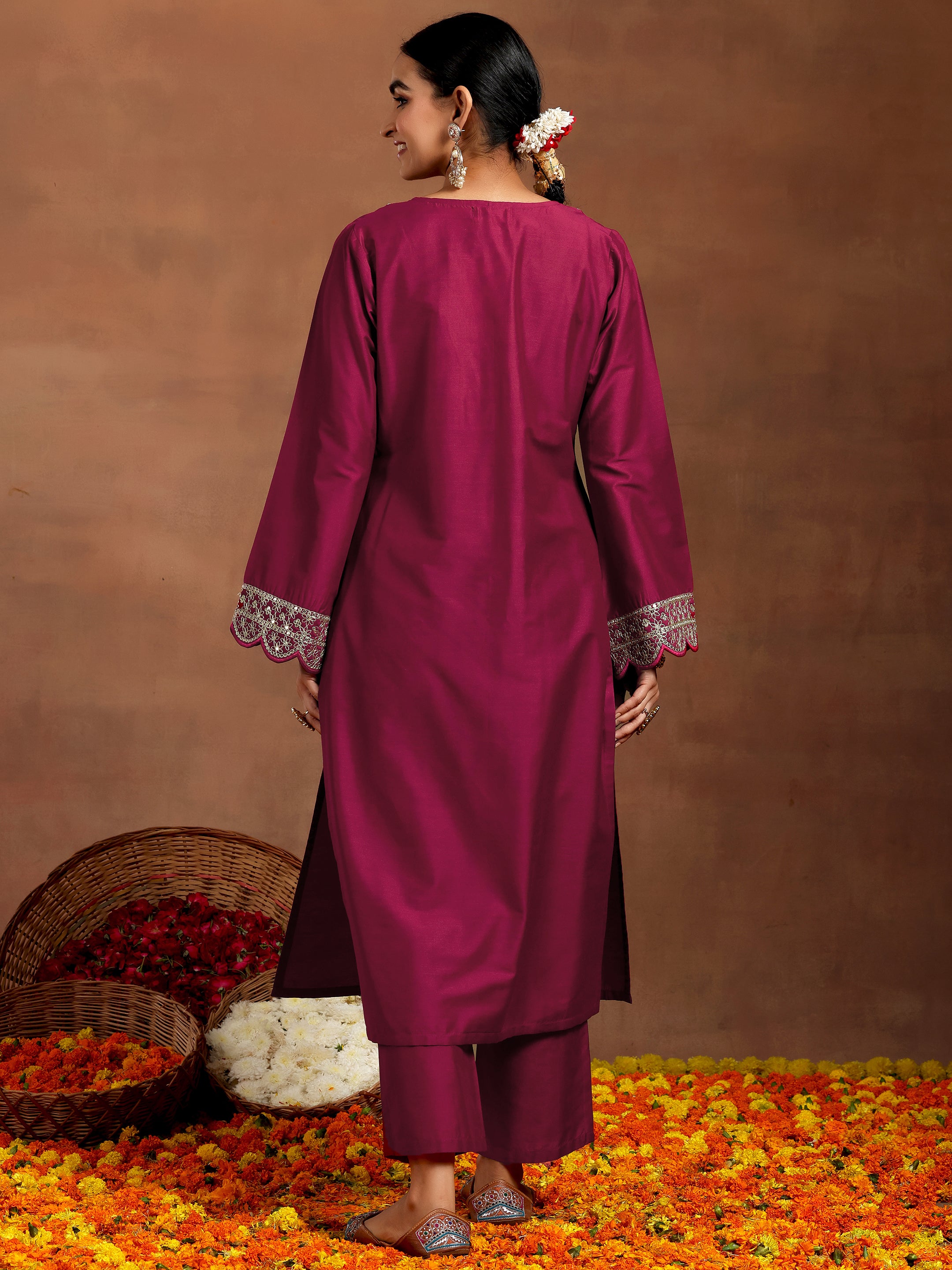 Maroon Yoke Design Silk Blend Straight Kurta Set