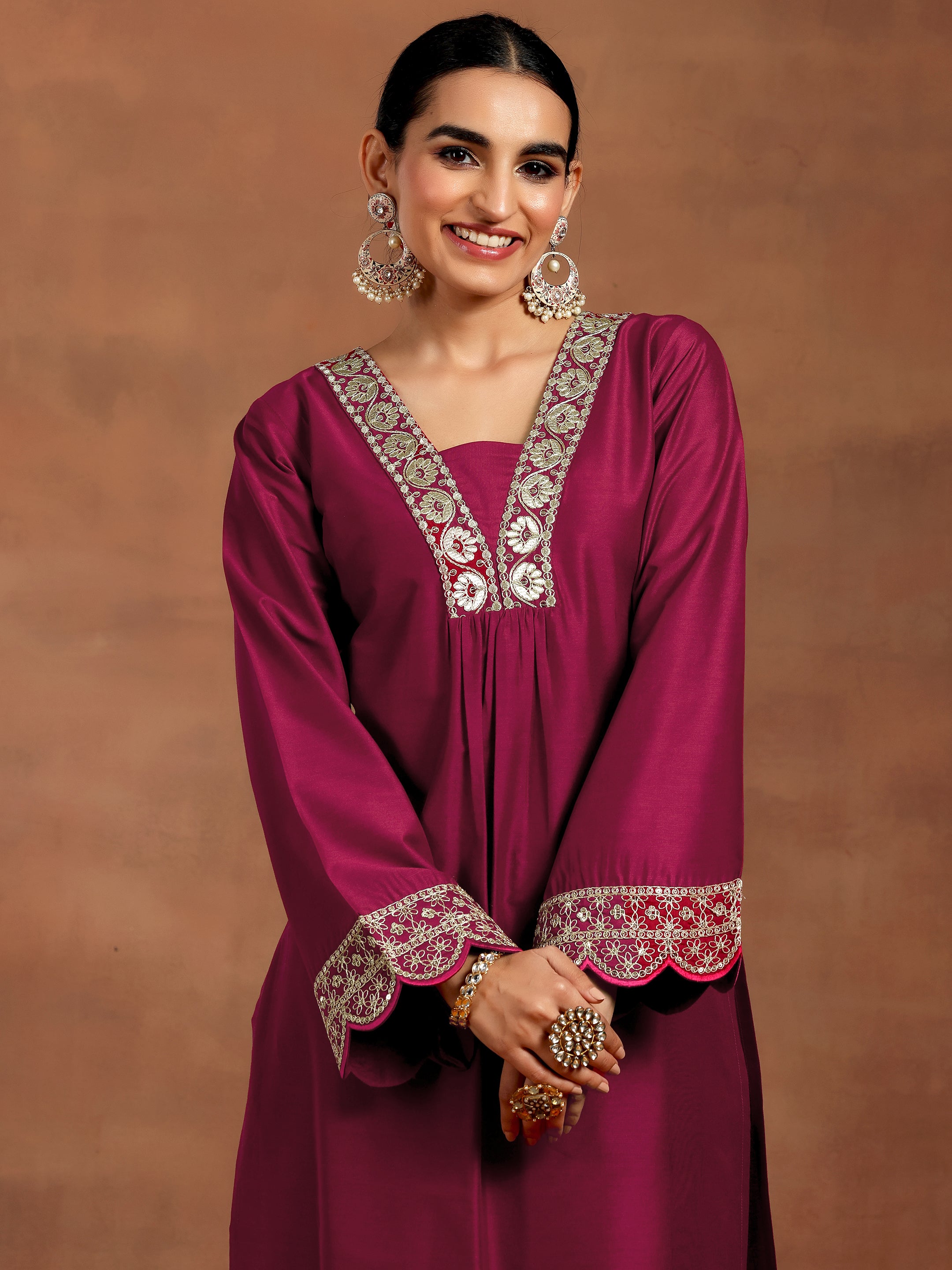 Maroon Yoke Design Silk Blend Straight Kurta Set