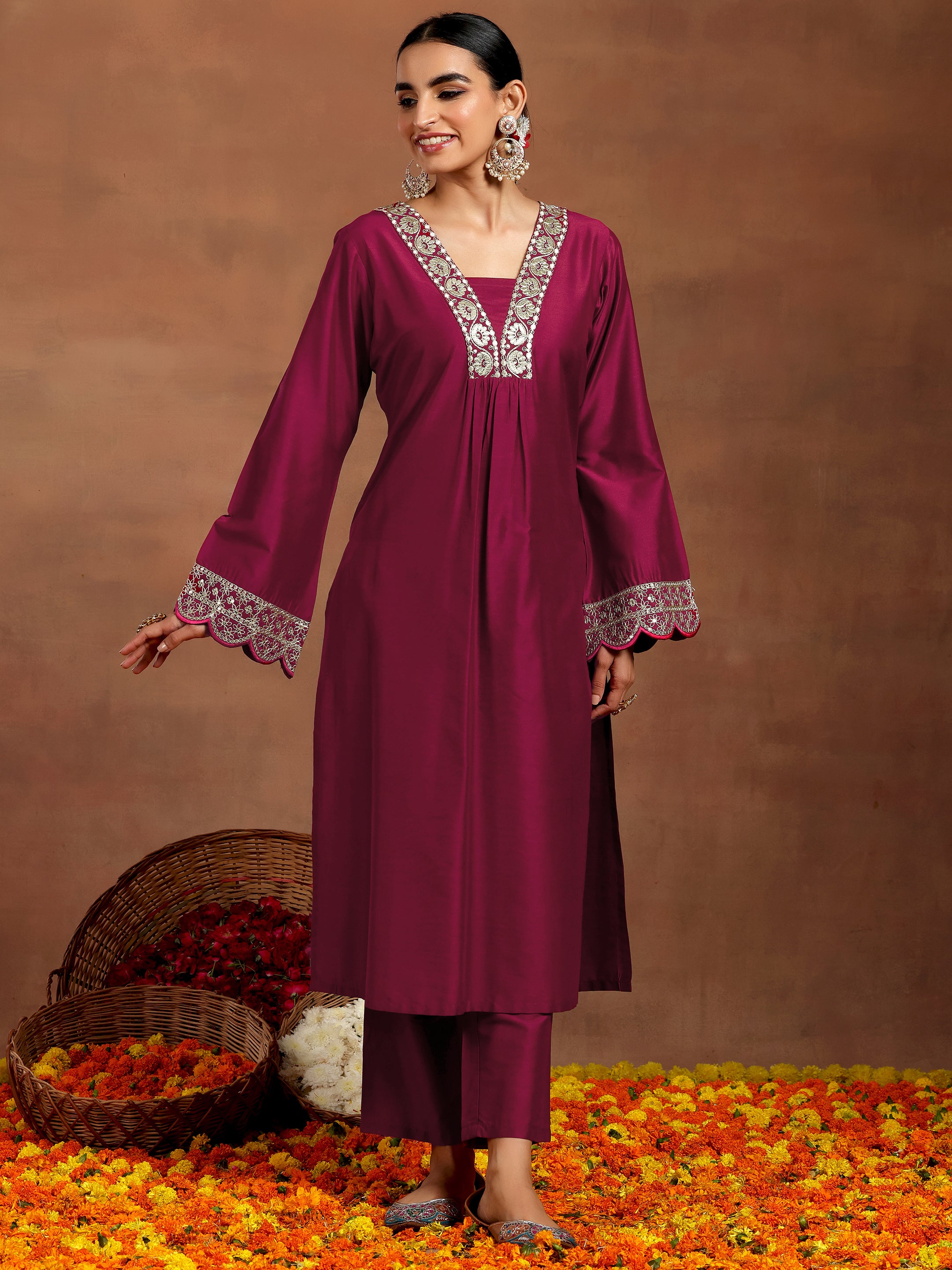 Maroon Yoke Design Silk Blend Straight Kurta Set