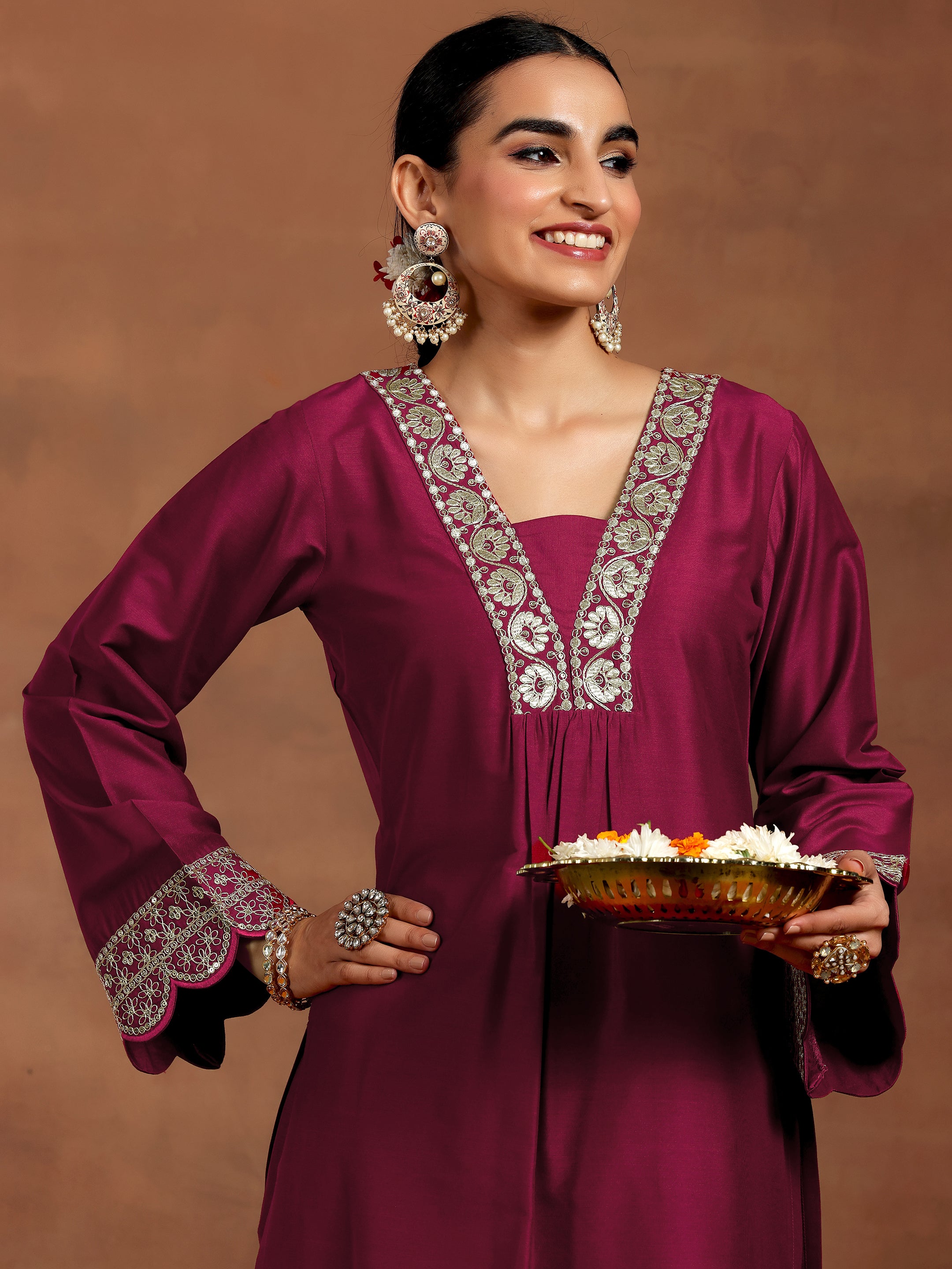 Maroon Yoke Design Silk Blend Straight Kurta Set