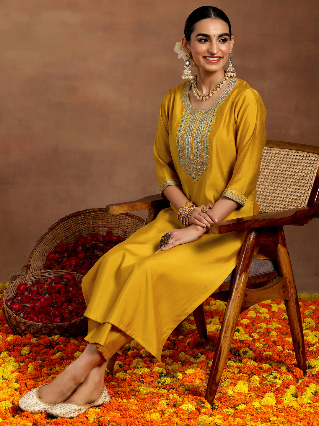 Mustard Yoke Design Silk Blend Straight Kurta Set