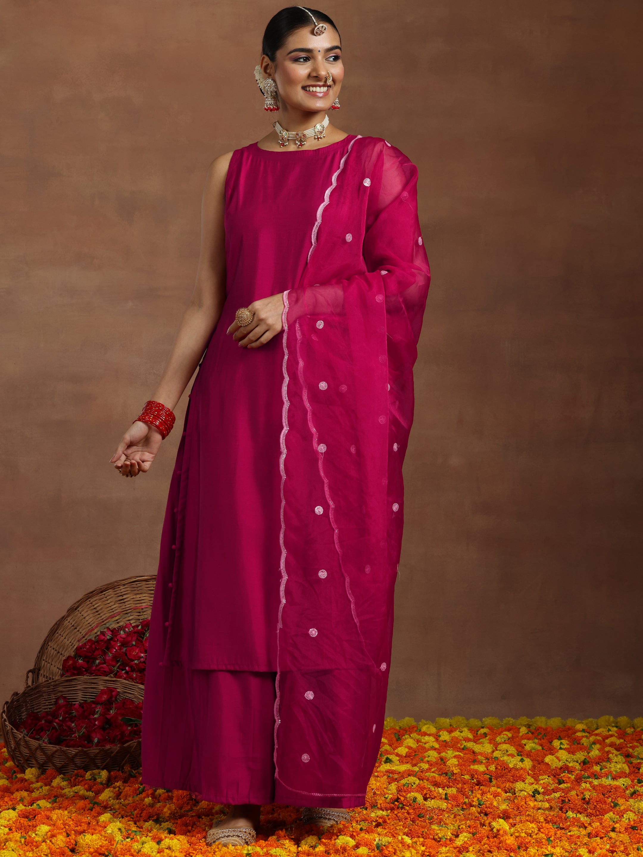 Pink Solid Silk Blend Straight Suit With Dupatta