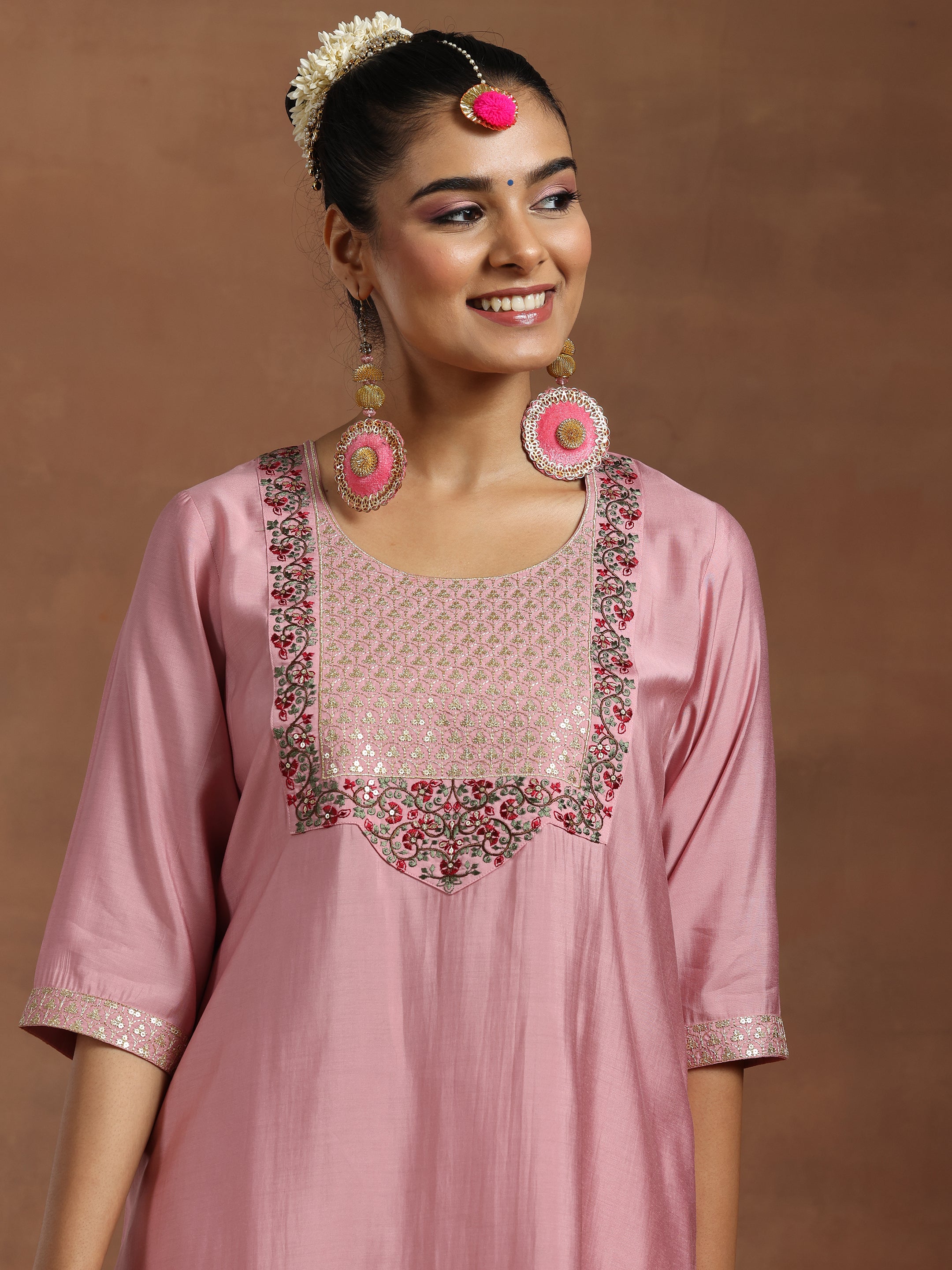 Pink Yoke Design Silk Blend Straight Suit With Dupatta