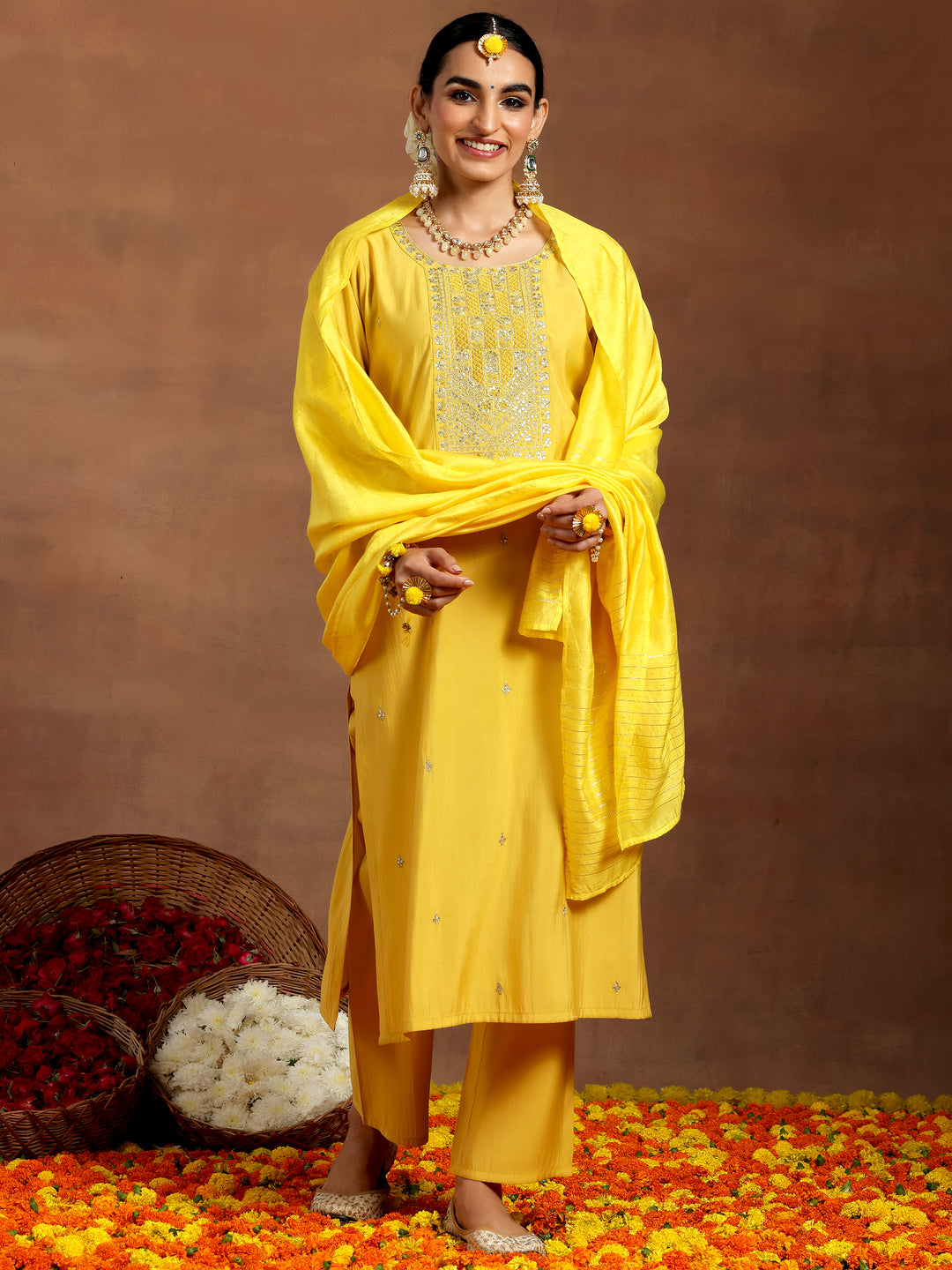 Yellow Yoke Design Silk Blend Straight Suit With Dupatta