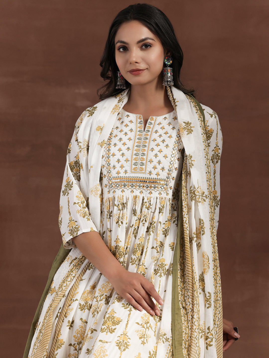 Off White Printed Cotton Anarkali Suit With Dupatta