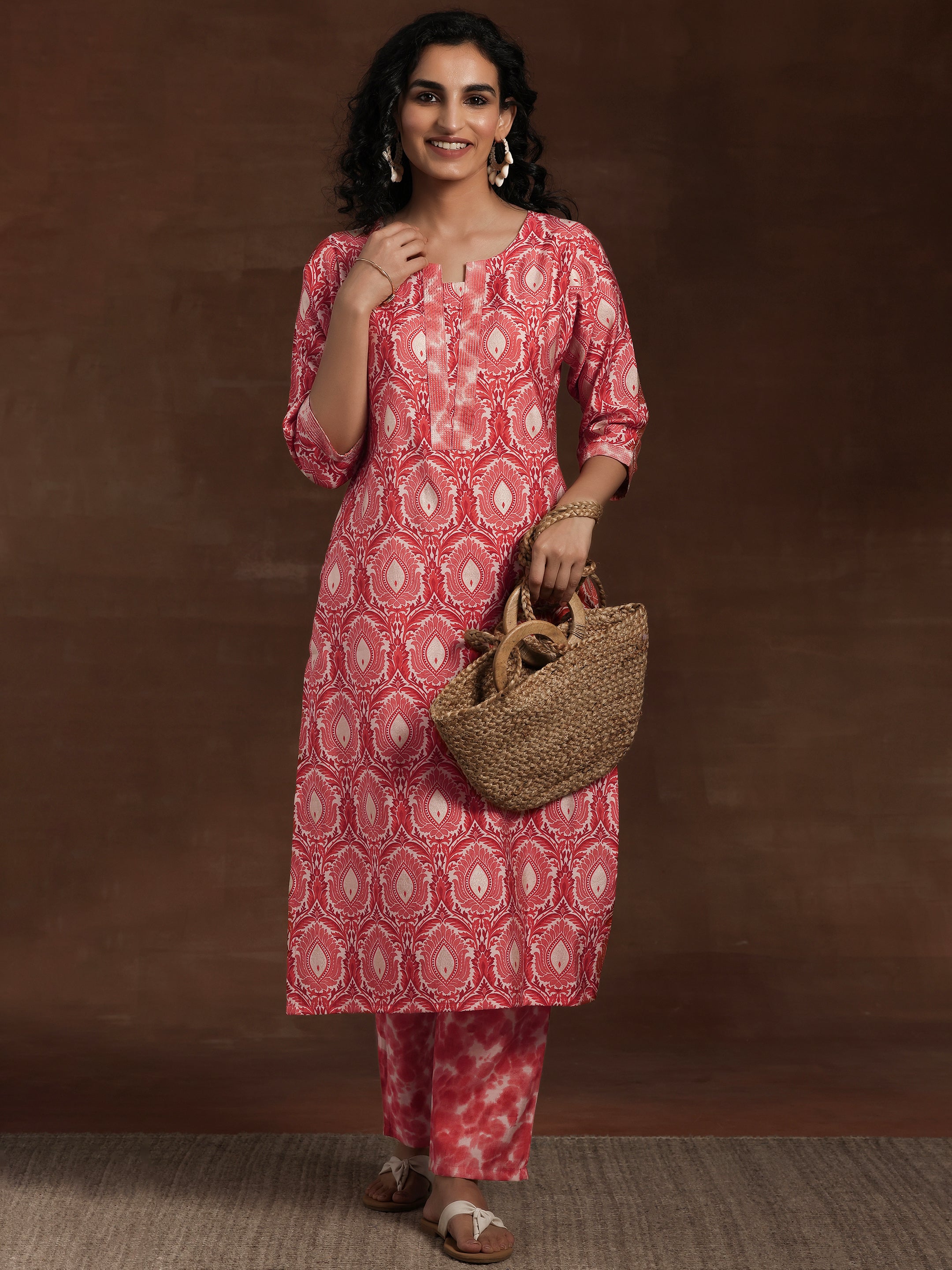 Peach Printed Silk Blend Straight Kurta Set