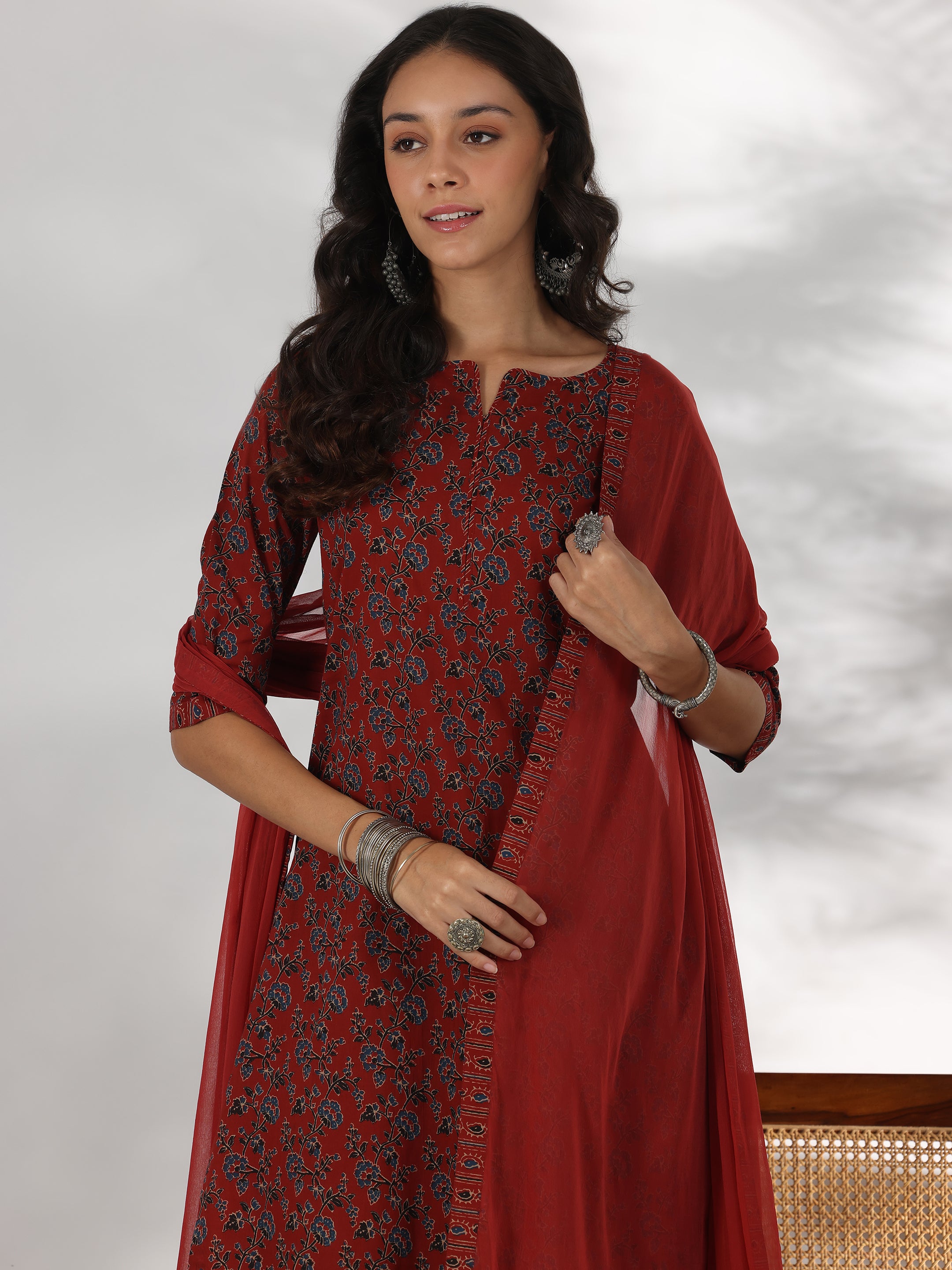 Rust Printed Cotton Straight Suit With Dupatta