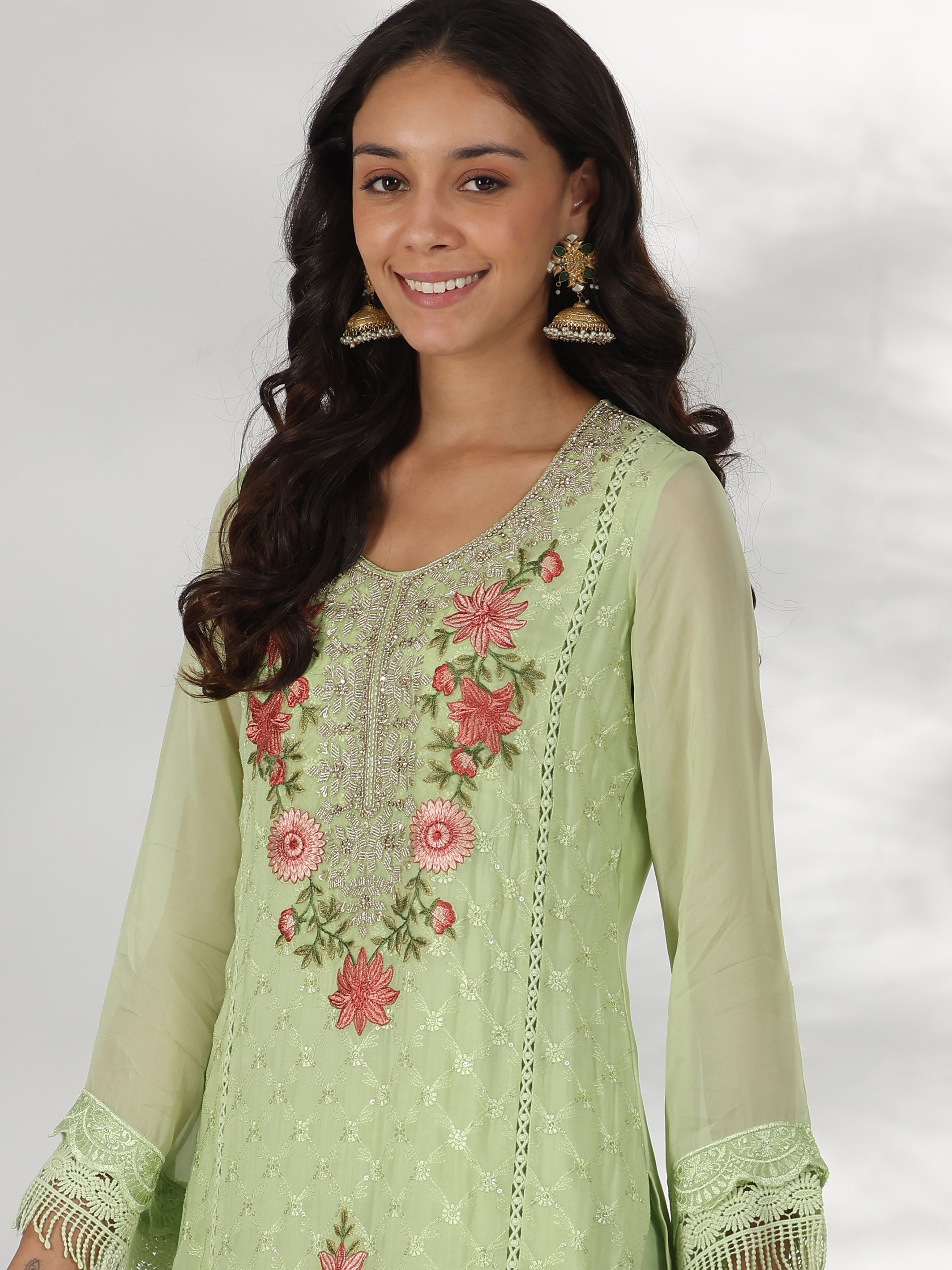 Green Embroidered Organza Straight Suit With Dupatta