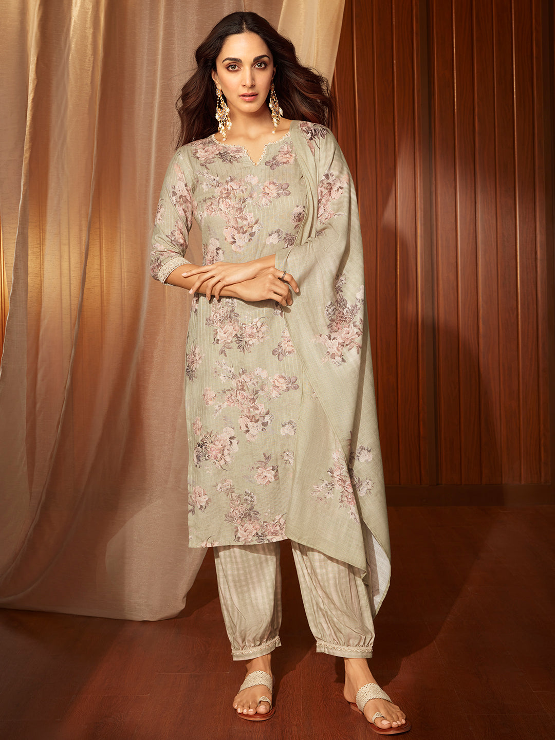 Green Printed Cotton Straight Suit With Dupatta