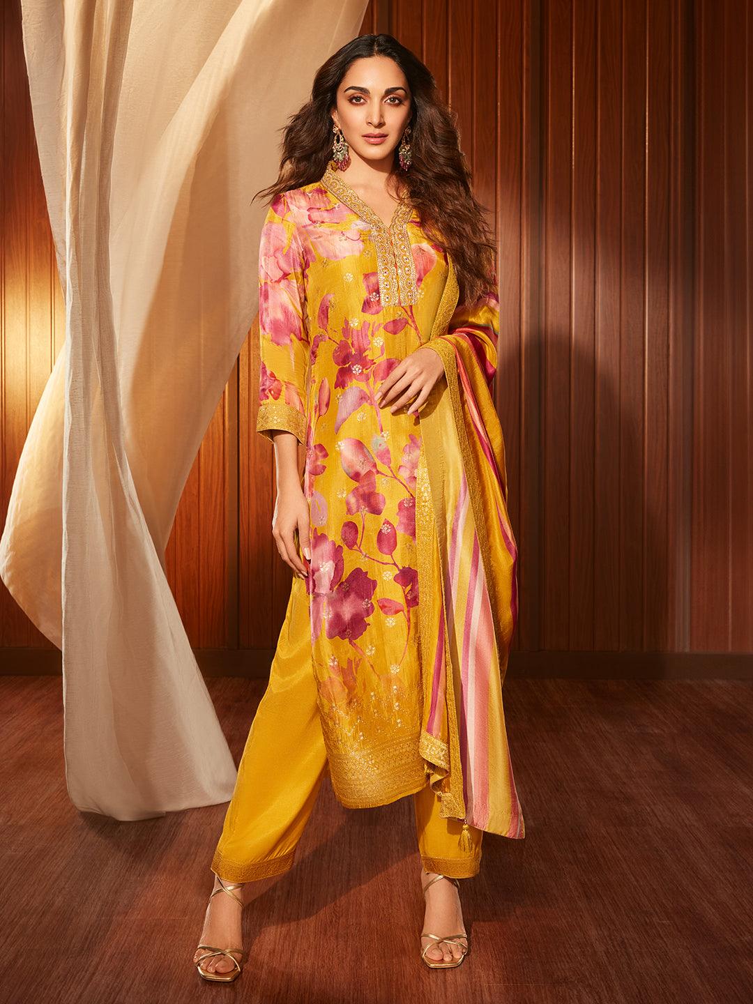 Seher Mustard Printed Silk Blend Straight Kurta With Trousers & Dupatta